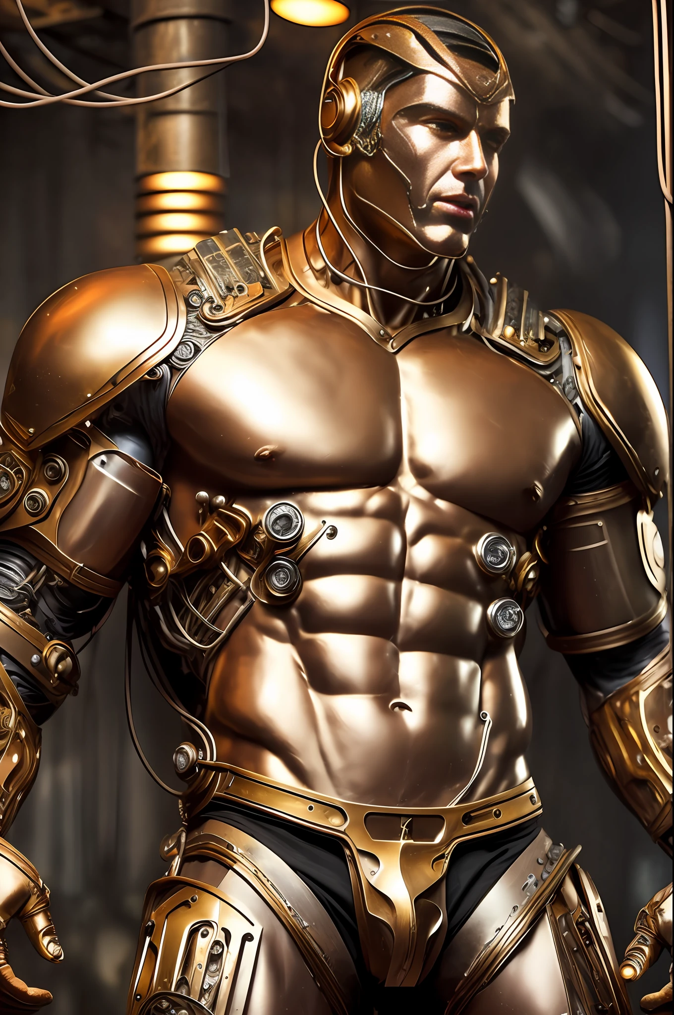 (Very attractive) muscular cyborg mature man with a (model face), chisled features, exposed wires, gold oil leaking from rusty wires, lights, extremely asthetically chiseled physique, old destress metal, huge Crotch bulge, --auto --s2