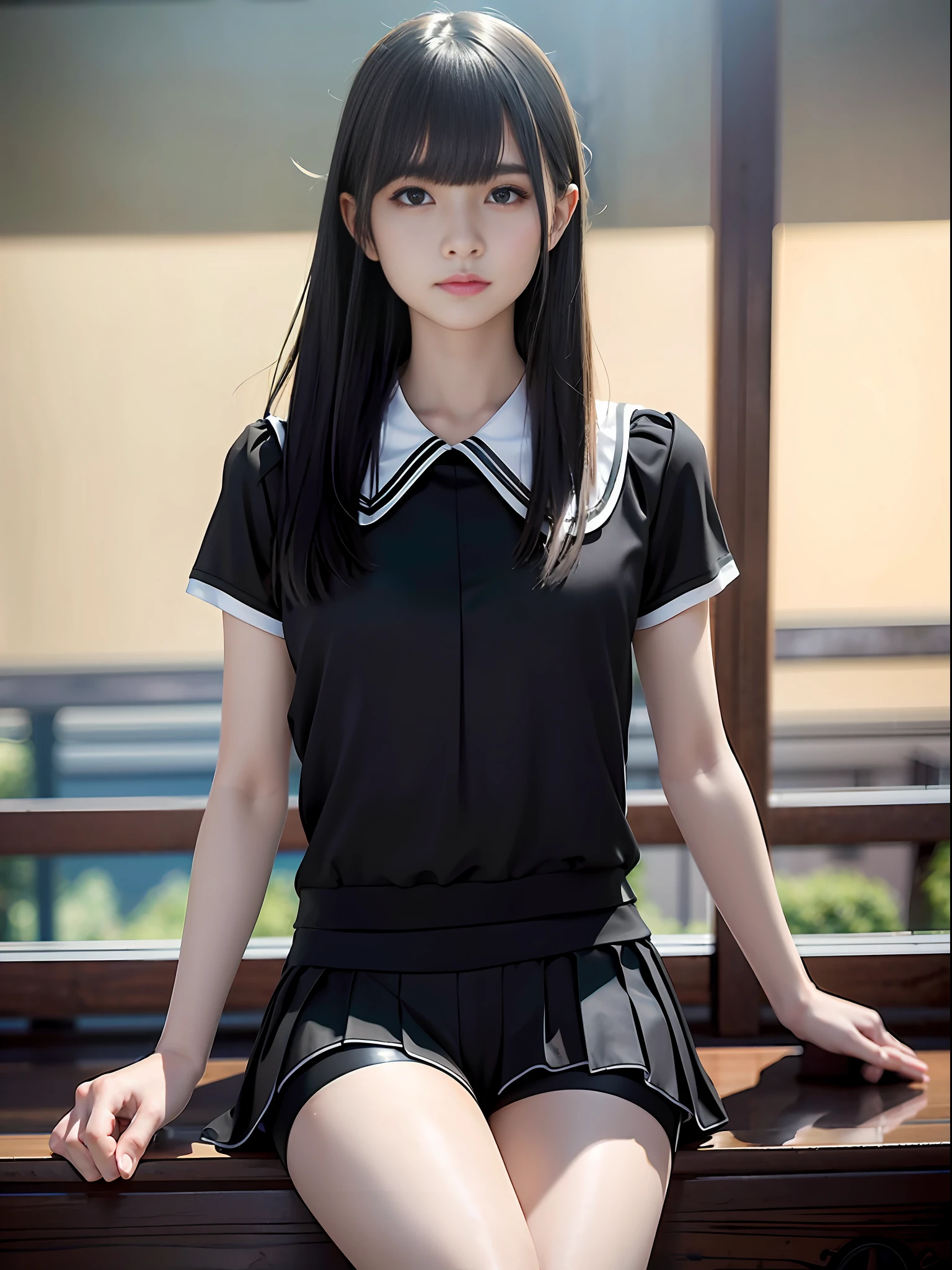 masterpiece, masterpiece, best quality, best quality, real, unity, 8k wallpaper, official art, highly detailed cg unity 8k wallpaper, ulzzang-6500, (original: 1.2), (real: 1.4), mix4, (8k, RAW photos, top quality, masterpiece: 1.27), simple costumes, skirts, pleated skirts, (Black spandex shorts:1.37)) shorts under skirt, lively girl, (realistic, photorealistic: 1.37), photon mapping, radiosity, one girl, mature, cool, professional lighting, physically based rendering, sitting in a chair, overhead view, hair fluttering in the wind, blurring background, handsome, masterpiece, highest quality, high resolution, highest quality photo, high resolution, 1080p, ( Delicate Skin), (Clear Face), (Detailed Facial Description), (Detailed Hand Description), (Masterpiece), (Elaborate CG), (Detailed Facial Features), (Top Quality Photos), (Masterpiece), (Detailed Eyes),