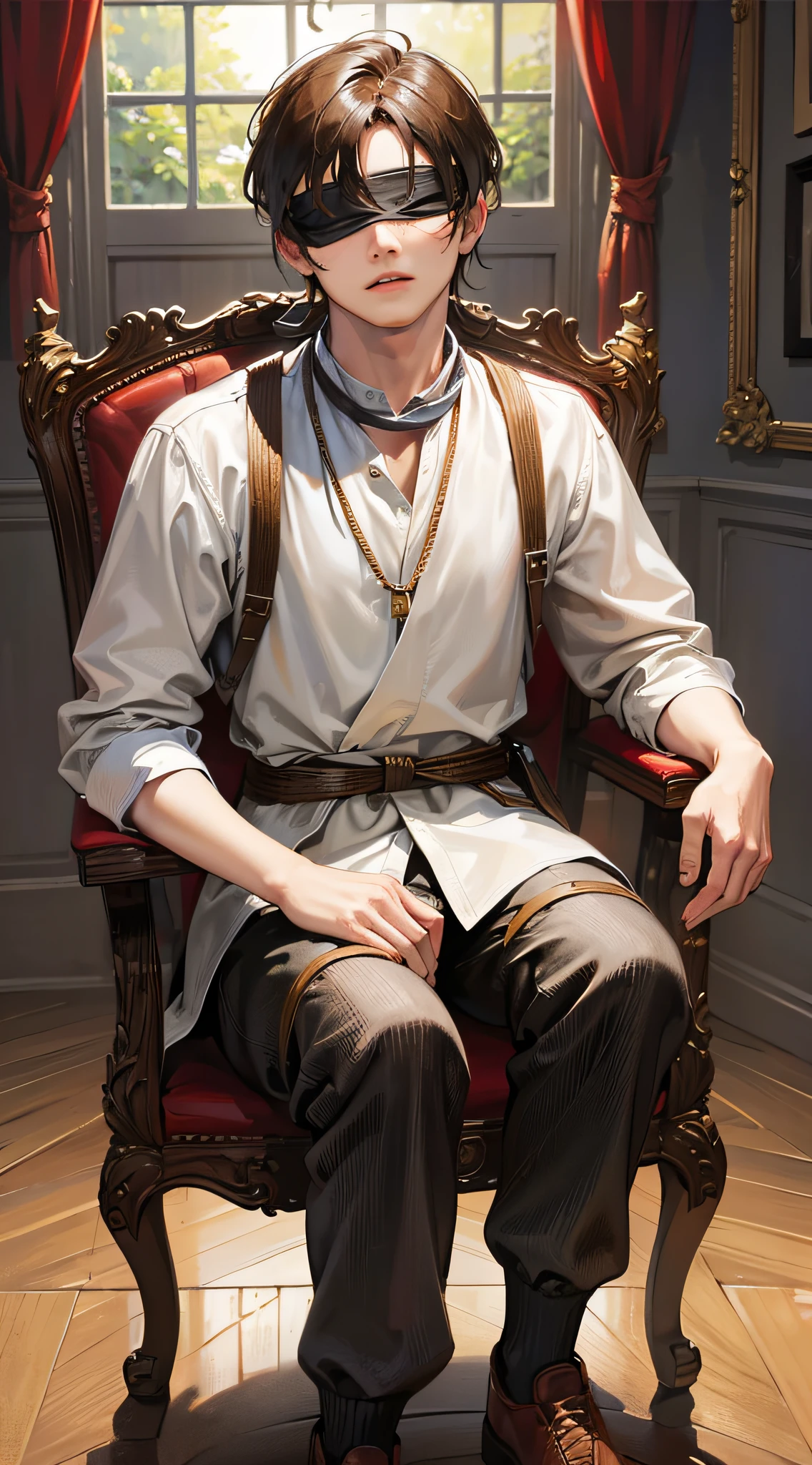 Realistic, (best quality, masterpiece: 1.3), man sitting in chair, (rope tied), (blindfolded) --auto --s2