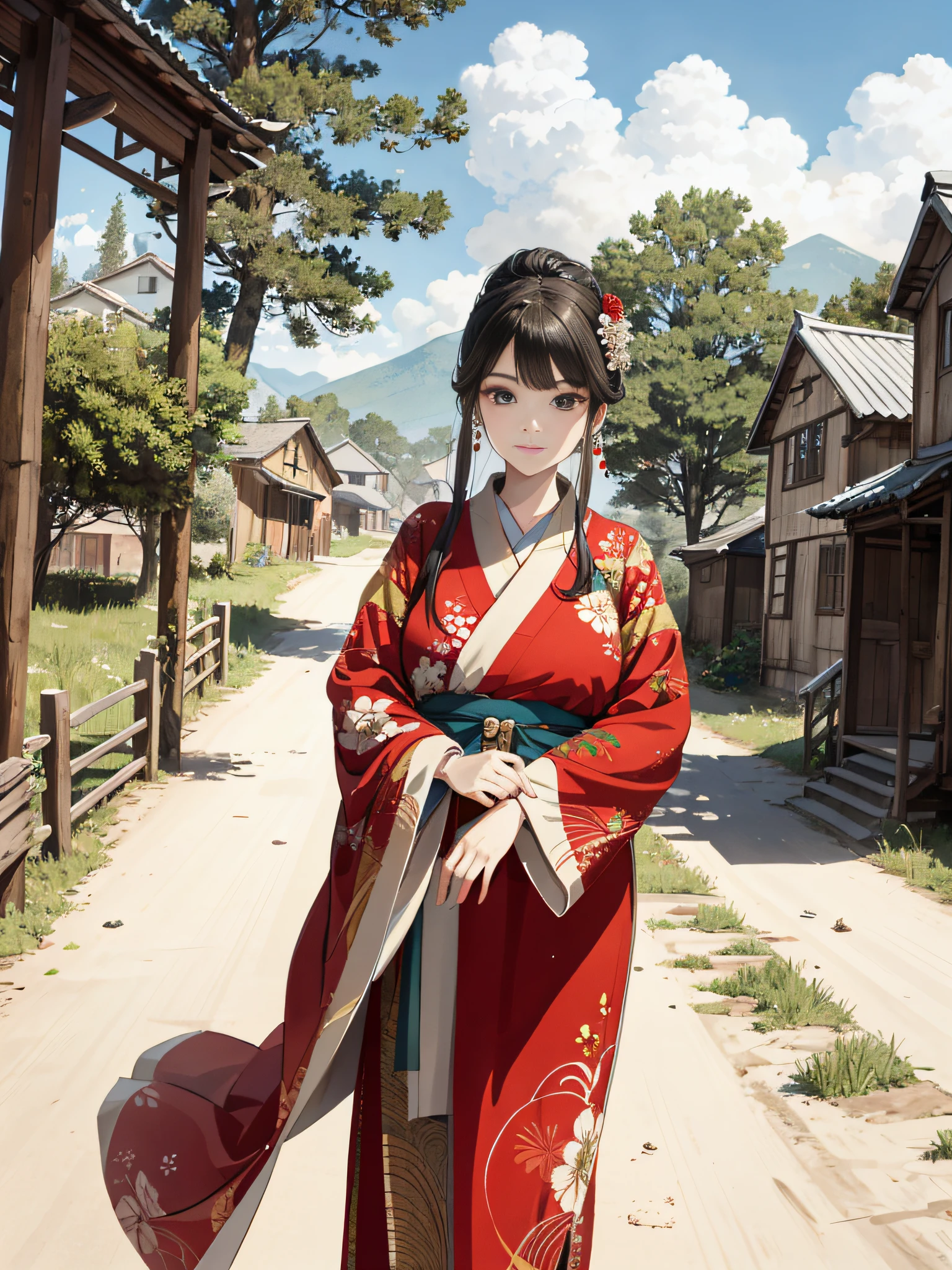 Absurd, high definition, super detailed, texture details, clear presentation, HD details, detail performance, fine details, clear face, precise restoration, clear eyeballs, (1 fat girl: 1.3), hand-drawn, simple lines, a 50-year-old girl in festive red Hanfu, holding a fan standing on the dirt road at the entrance of the village, masterpiece, sunny day, looking at the camera