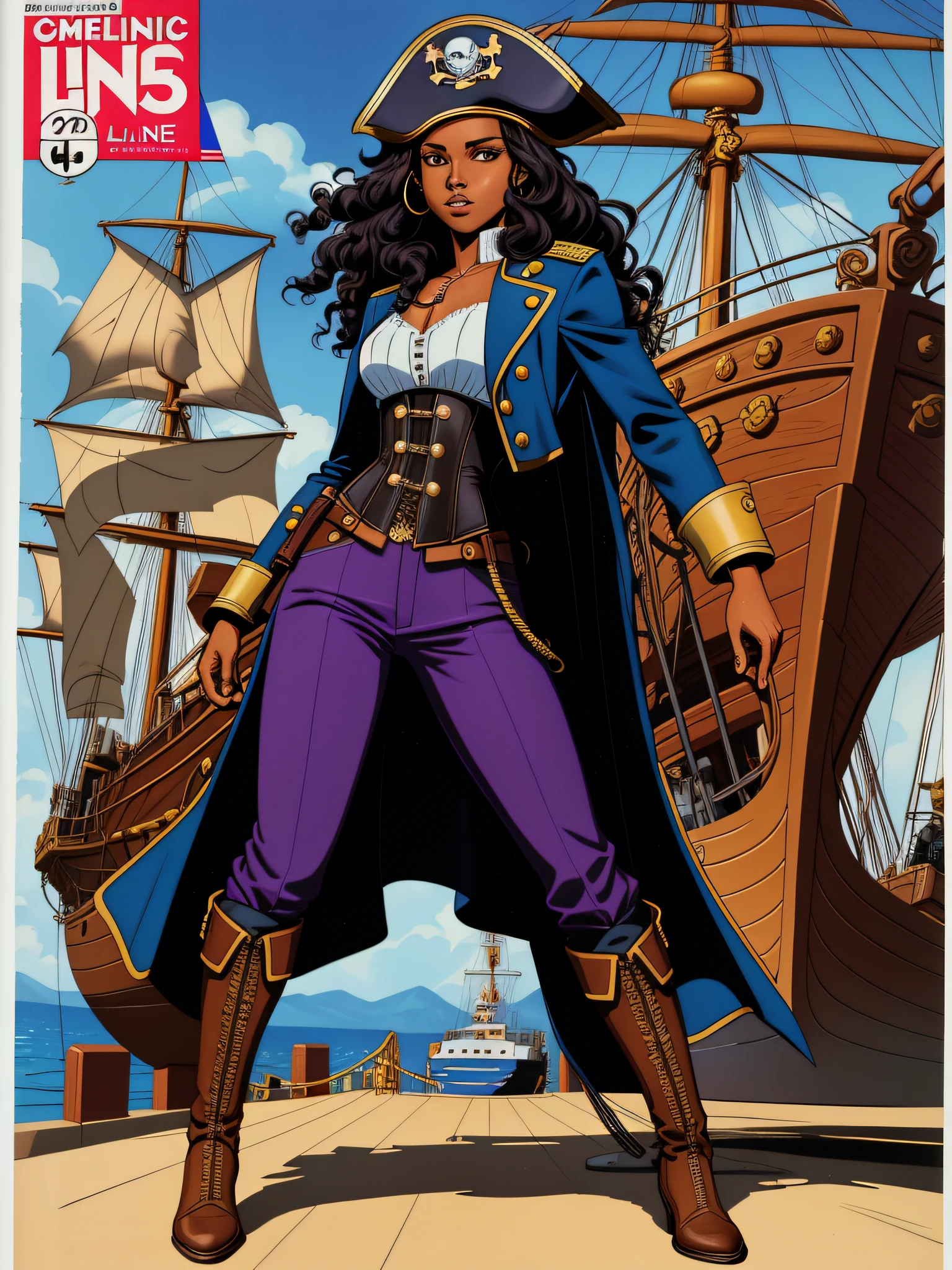 1 girl, (comic style:1.3), (line art:1.5), (full body portrait),(masterpiece, award winning, best quality:1.3), (solo), Haitian, standing on a pirate ship, long curly black hair, wearing a blue captains jacket, captains hat, purple pants, corset, pirate ship, cinematic, masterpiece, detailed background, detailed material textures, serious, realistic 1.35, muscular 1.2