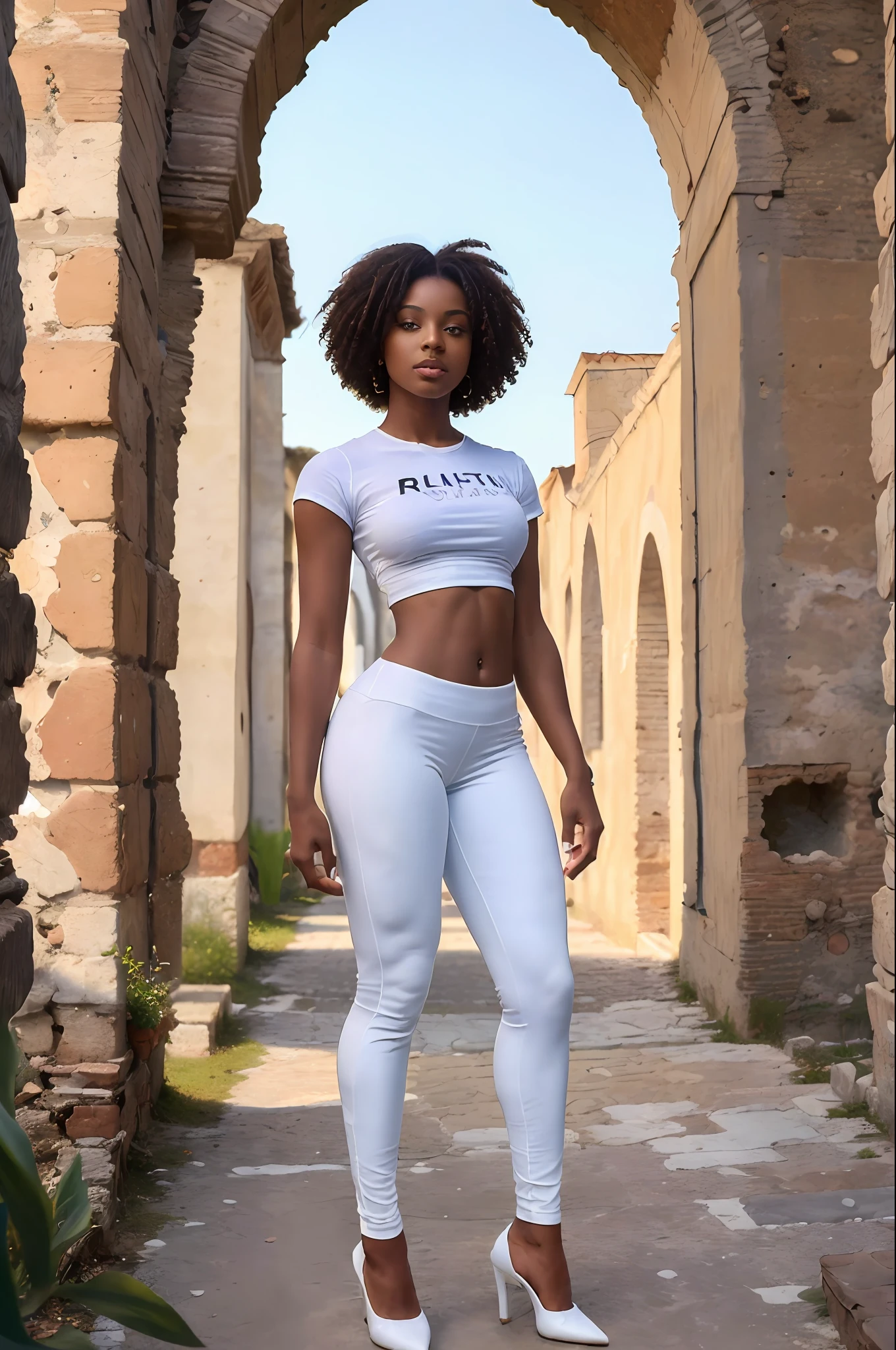 ((Best quality, 8k, Masterpiece :1.3)), Sharp focus :1.2, full body photo of A black woman with perfect figure :1.4, ((afro haircut)), (white blank T- shirt white yoga pants and white heels :1.1), (italy ruines :1.2), Highly detailed face and skin texture