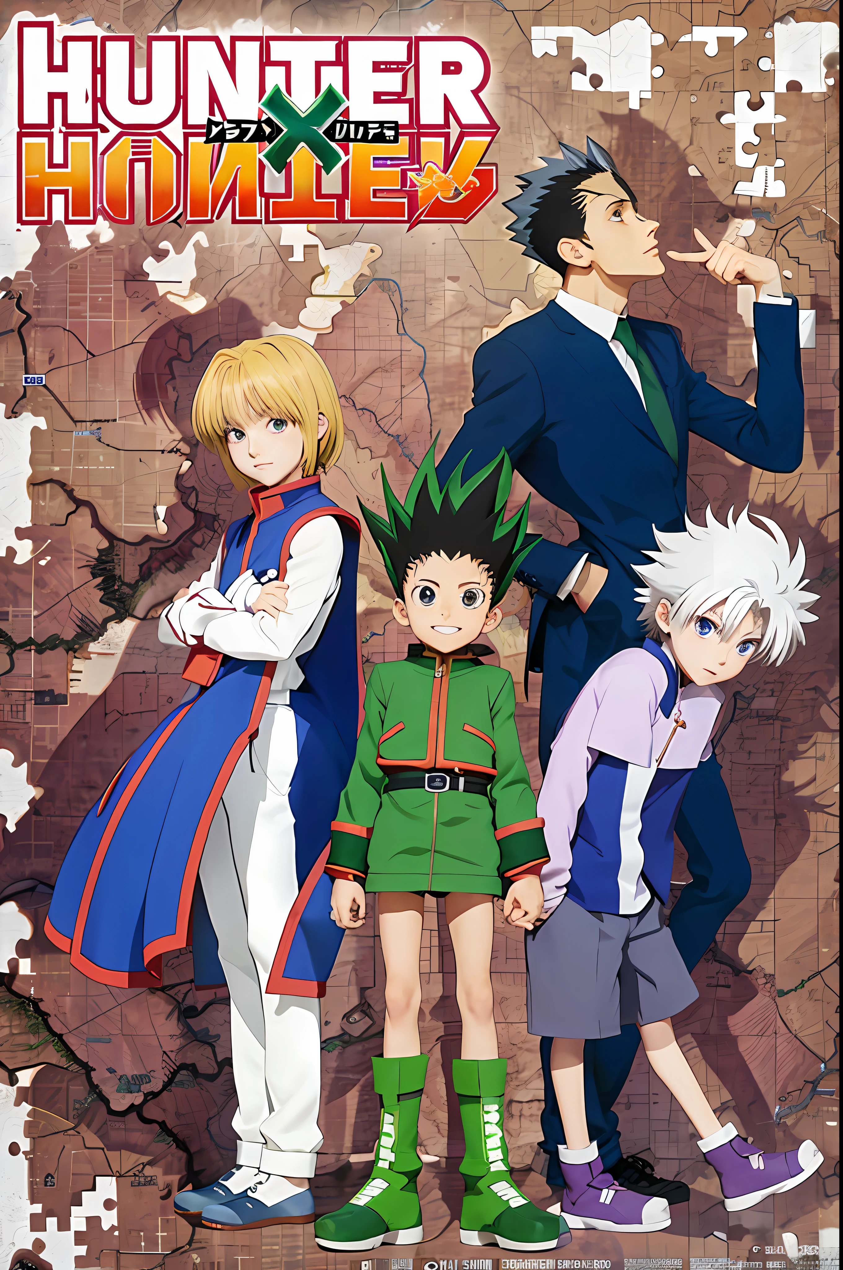 Hunter Hunter anime poster, hunter x hunter, hunter x hunter, official anime artwork, official art, anime key art, anime !!!! Key Vision, 1 9 9 8 anime, anime masterpiece, propaganda art, in anime masterpiece, anime key vision", shōnen anime, anime cover, anime stills from today's selection, anime key visual, official anime key visual, anime poster, background is brick, background is map, background is puzzle, characters have shadows