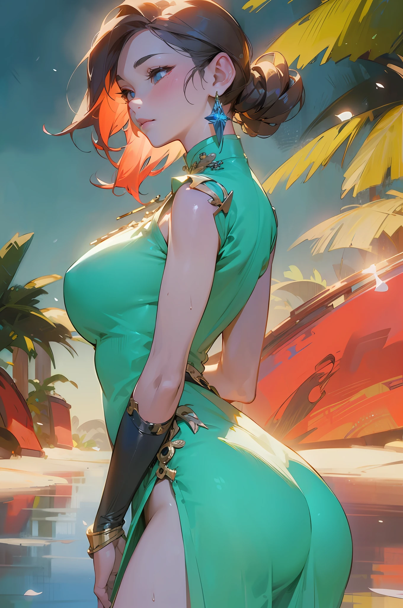 (photorealistic:1.3),(hyperrealistic:1.3),(extremely detailed CG unity 8K wallpaper),(beautiful and clear background:1.2), detailed background, (rim lighting, spot lighting:0.75), ((good anatomy)),fashion model, (finely detailed face and beautiful eyes),(cowboy_shot:1.3),dynamic angle, (1girl), solo,chinese clothes, china dress,wet clothes, large breasts, huge ass, cool & sexy \(idolmaster\),, looking away, petals,reflection light,out door,warm light,