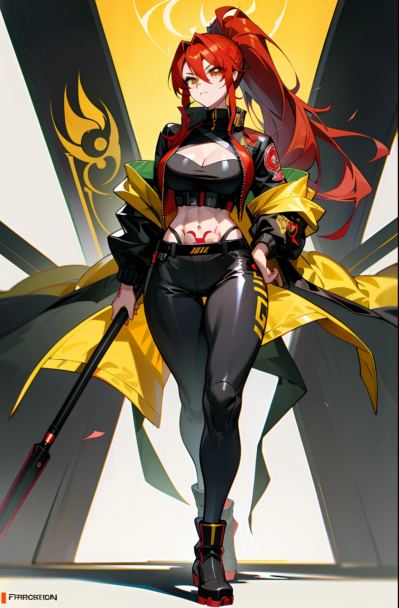 Beautiful_woman anime_girl masterpiece cyberpunk_outfit red_hair yellow_eyes long_ponytail_of_akali_from_league_of_legends one_sided_fringed_hair eye_right_with_cyberware yellow_jacket francotirador de red_scythe cyberpunk big_breast Thicc big_hips Alto big_legs black_top neckline yellow_jacket two_pieces_of_cloth front_view tatto_in_the_left_arm tatto_in_the_left_leg tatto_in_the_left_leg perfect_body one_legged_pants muscular_abdomen ass_big big_hips long_boots open_top_neckline fleco_de_un_solo_lado mature_woman 21_years_old open_cleavage yakuza_tattoos_on seductive