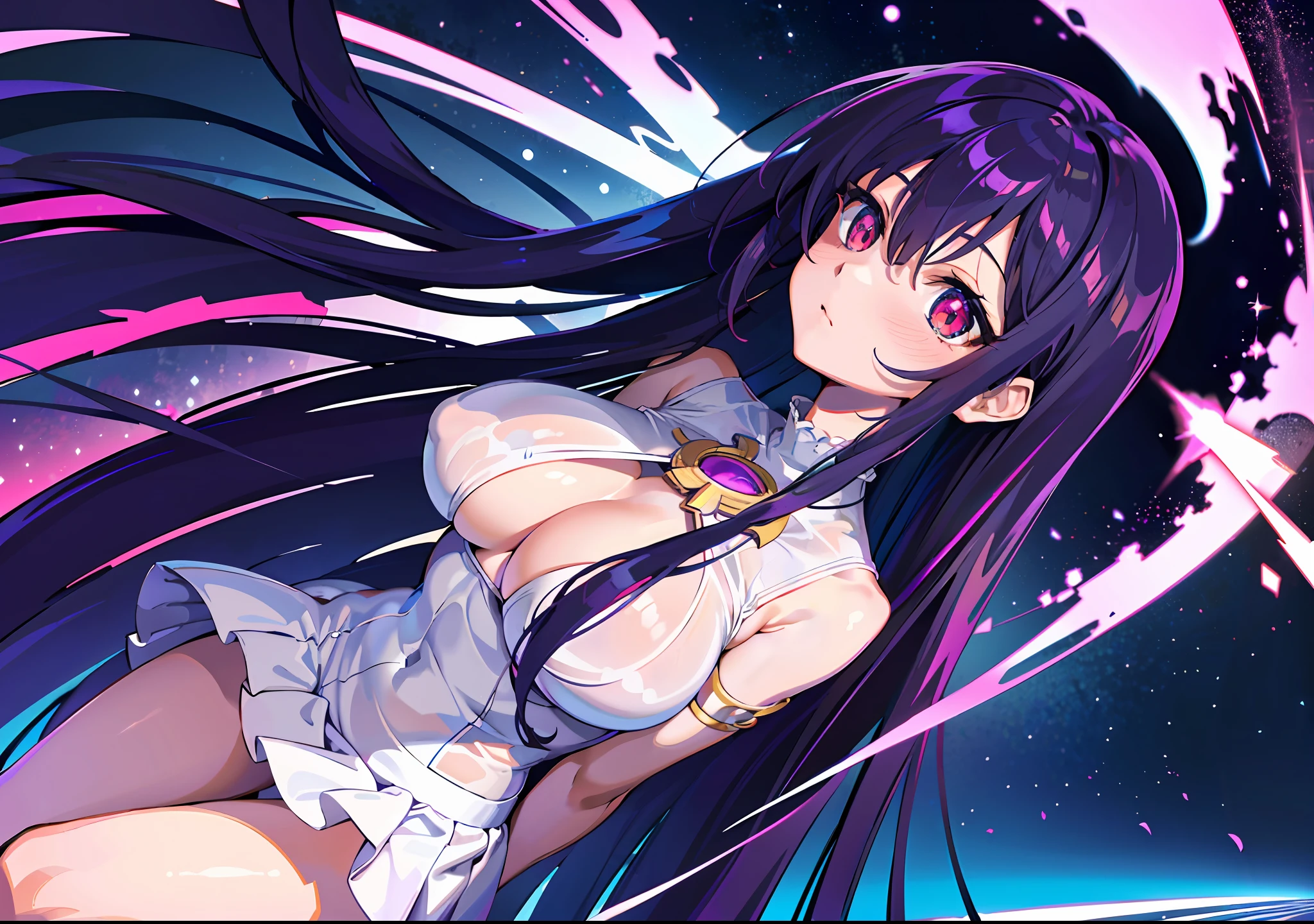 (best quality: 0.8), (best quality: 0.8), perfect anime illustration, close-up portrait of a beautiful woman walking around town very long purple hair huge breasts blush red eyes (((nsfw))) white bikini city neon night super detailed face super detailed bright eyes galaxy in eyes absurd 4k Full HD top on pixiv super well done red eyes download file huge areolas erect (love juice 1,4) upskirt