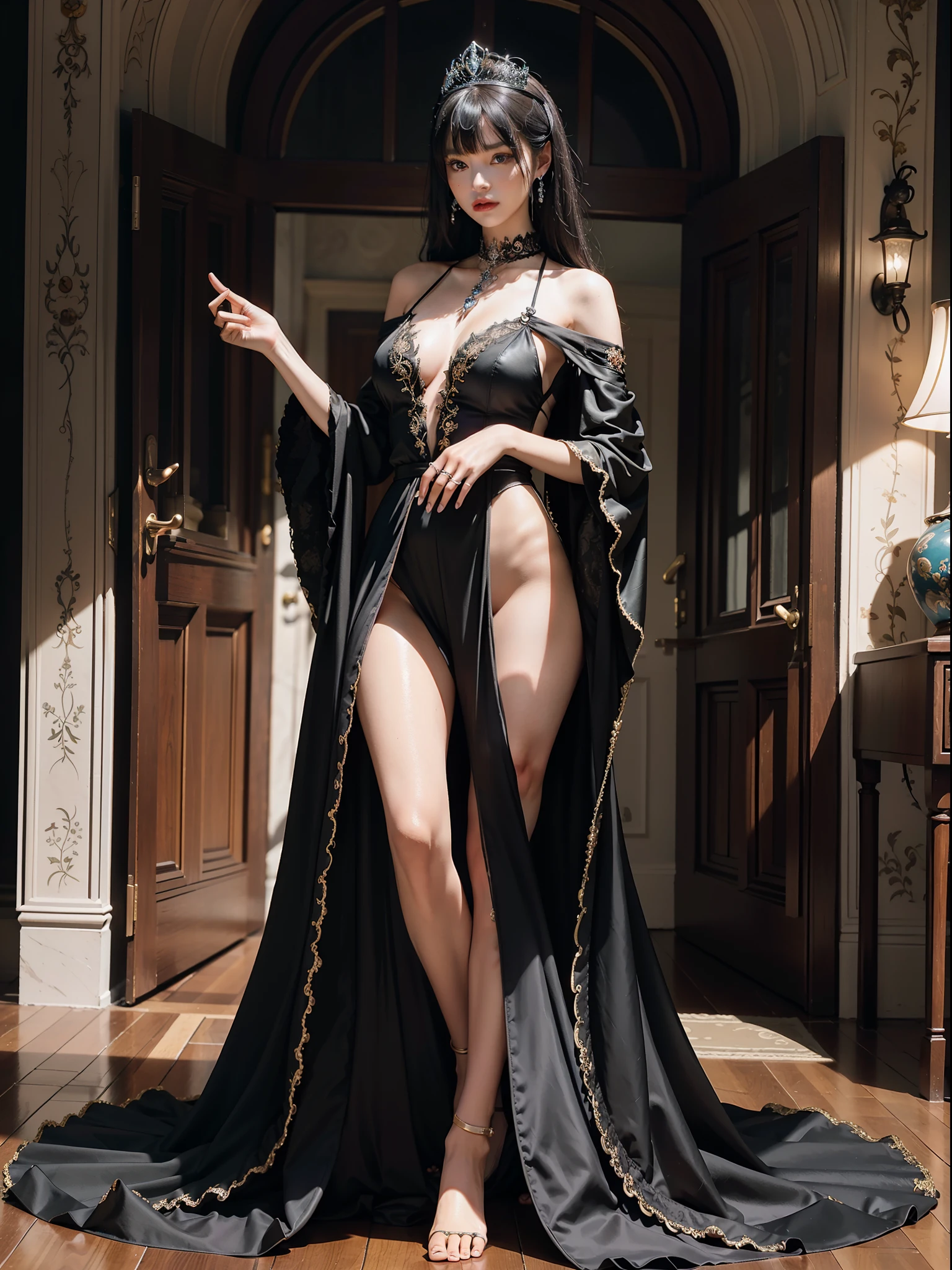 At the door there is a woman in a black dress posing, full body fairy, beautiful fantasy queen, elegant and charming cosplay, wearing a black aristocratic suit, royal elegant pose, ((beautiful fantasy queen)), flowing magic robe, tight short skirt succubus, fantasy robe, classical witch robe, dark black robe, beautiful and elegant queen, (Qi bangs), (ring finger diamond ring), masterpiece, realistic