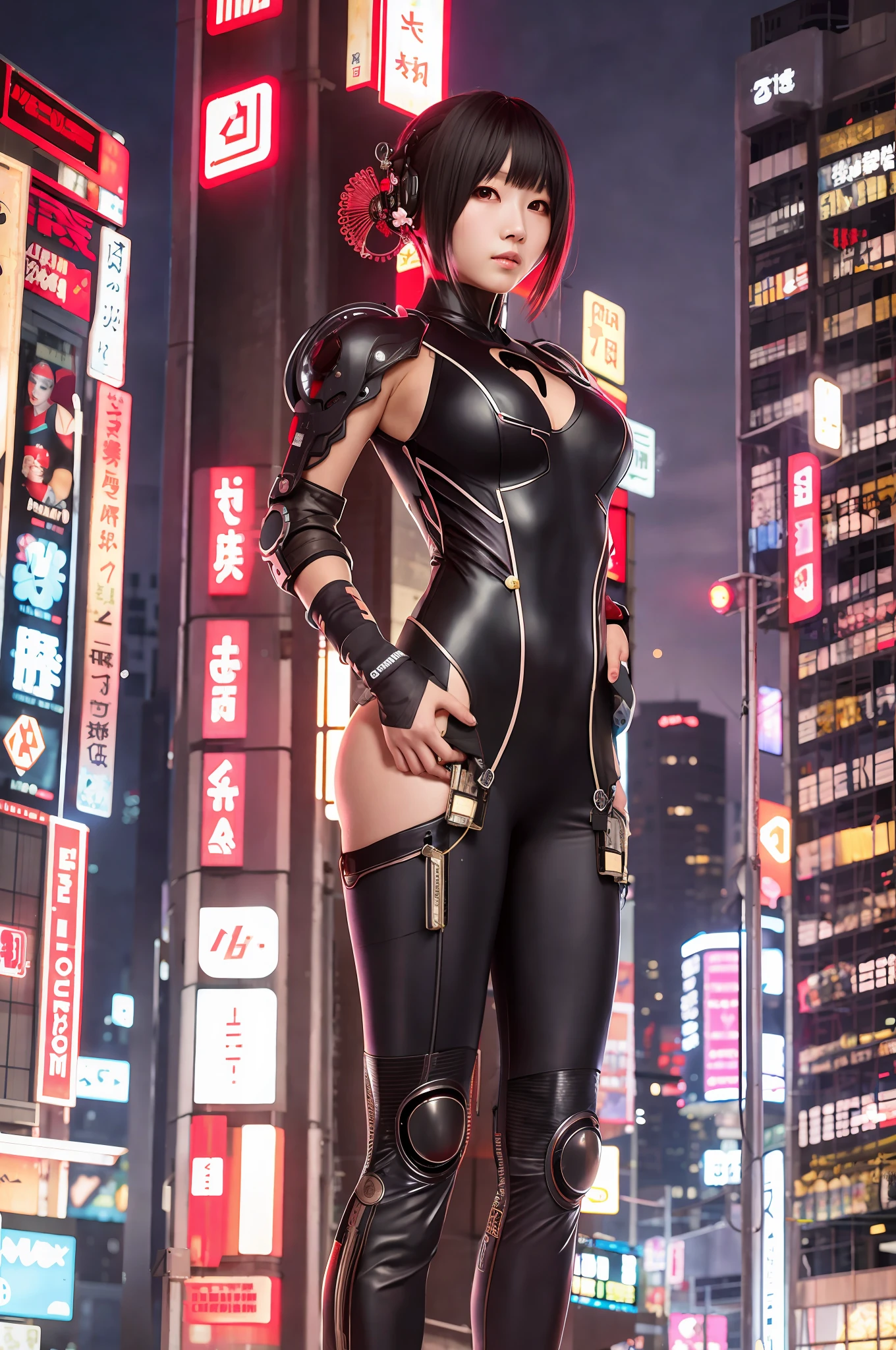 girl, slender, medium breasts, cyberpunk, kimono like mechanical bodysuit, oiran dystopia, night
