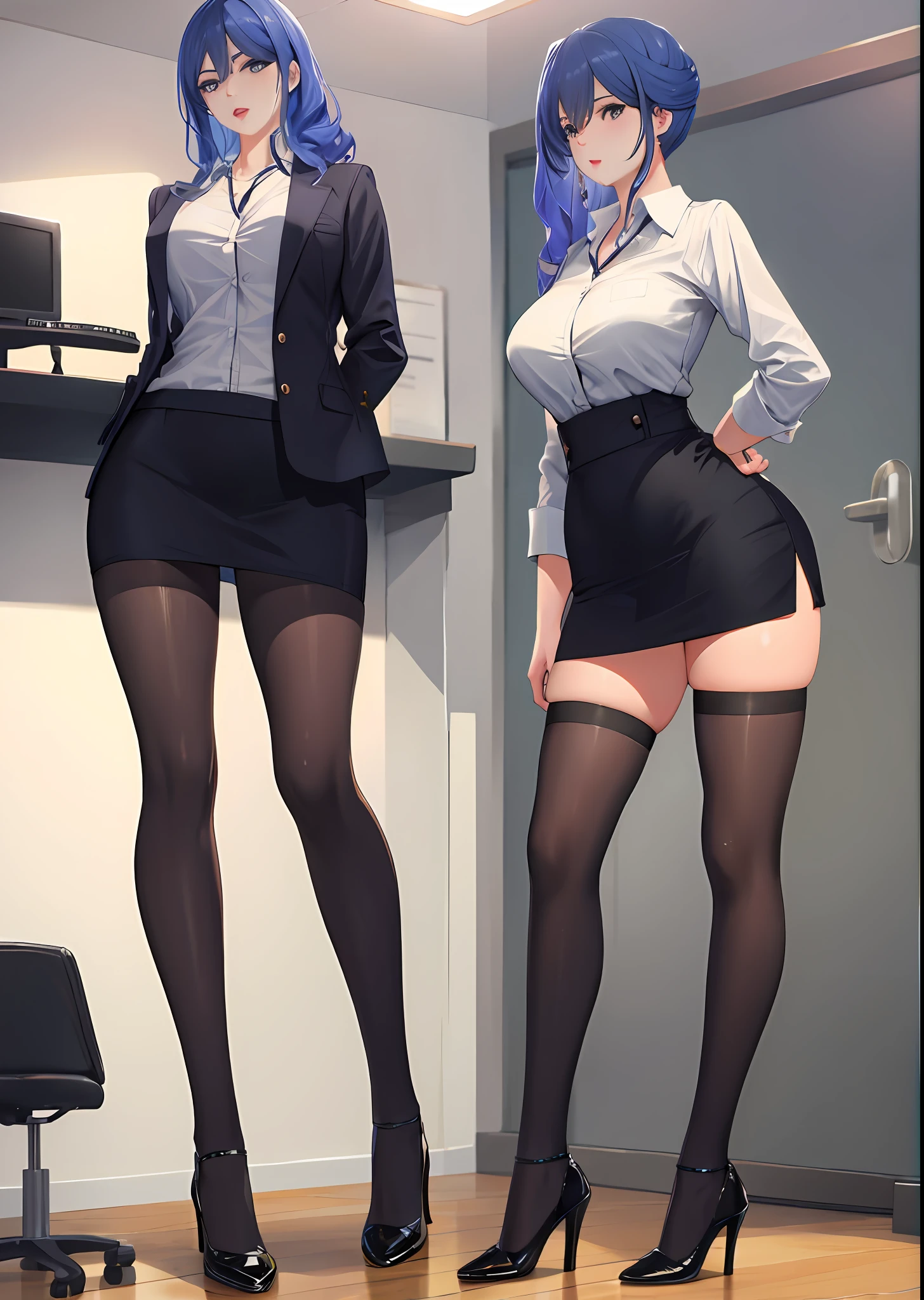 full body photo of a beautiful sexy secretary wearing extremely short skirt and seamed stockings, stands_straight, ((solo)), adult, in the office, high heels, craves, strokes_herself