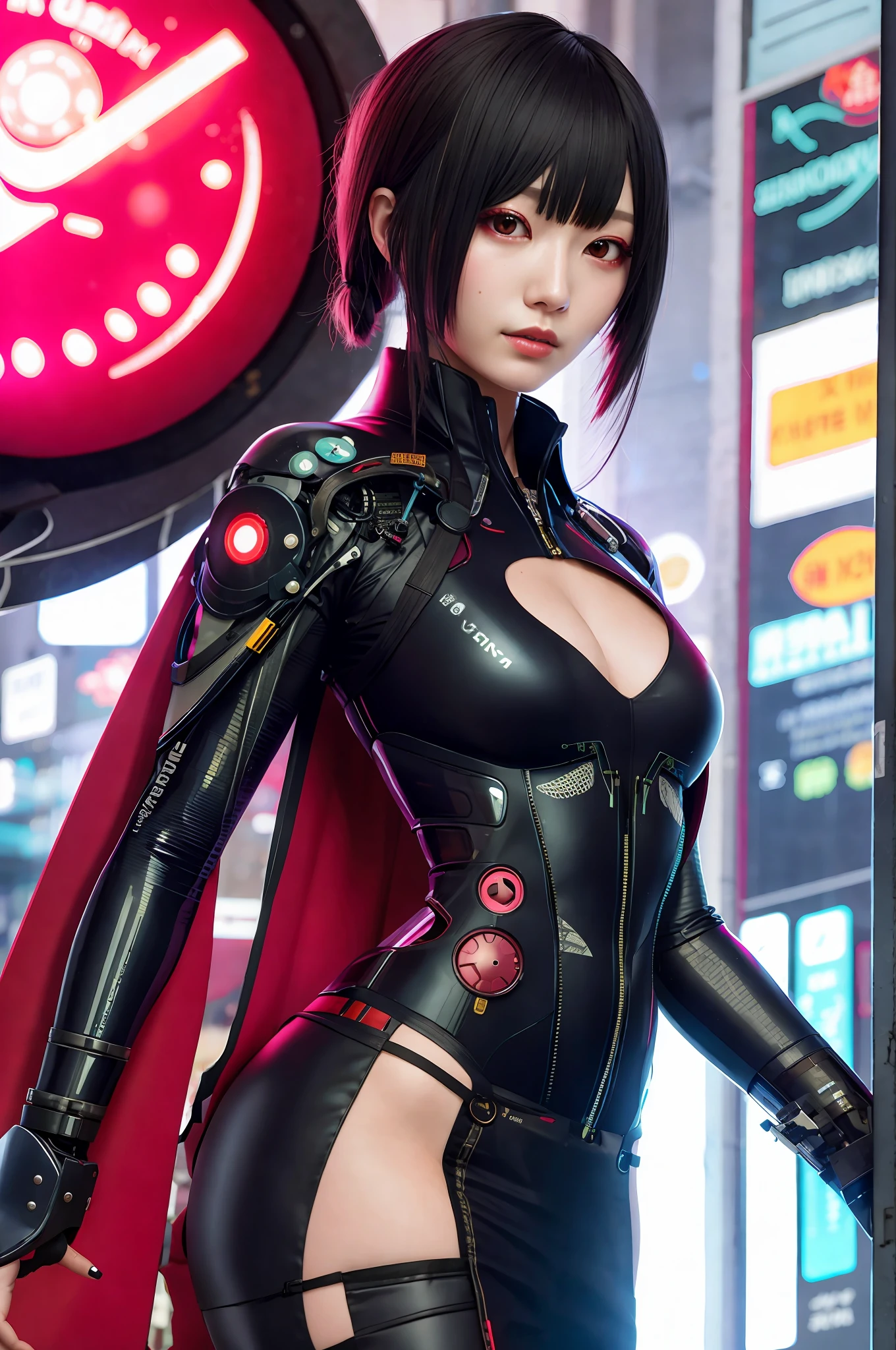 girl, slender, medium breasts, cyberpunk, kimono like mechanical bodysuit, oiran dystopia, night