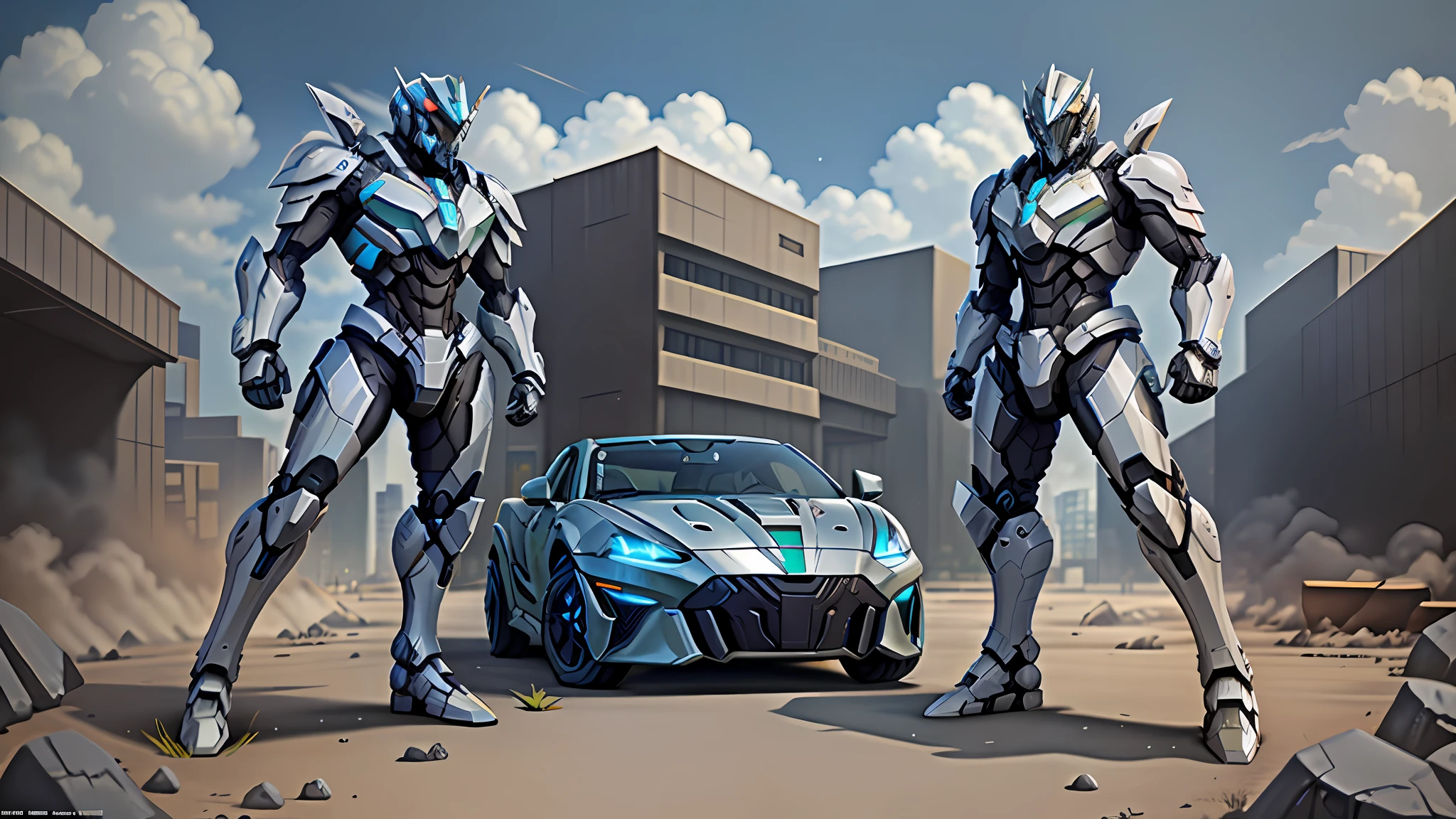High definition, high quality, Doom Eternal Protagonist Warframe and Transformers Optimus Prime melt, with a car parked in front of the mech futuristic. Game CG