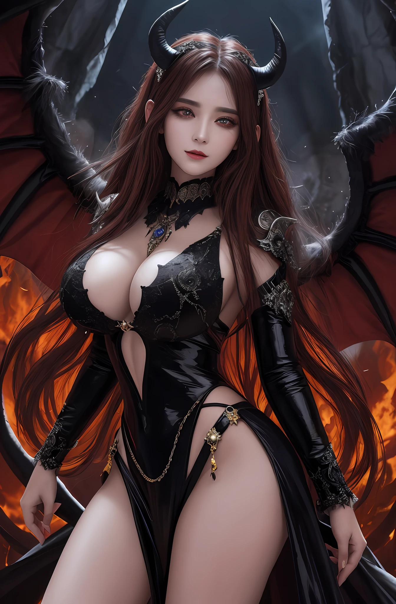(16k, masterpiece, best quality), ultra-detailed, detailed beautiful round eyes, beautifully detailed face, high quality, high resolution, perfect anatomy, (a female demon appeared from the hell), in the darkness of the night, goddess of hell, straight hair, evil, an evil face, hell background, horn, big breast, mature women, dynamic pose, looking into the distance, devil wings