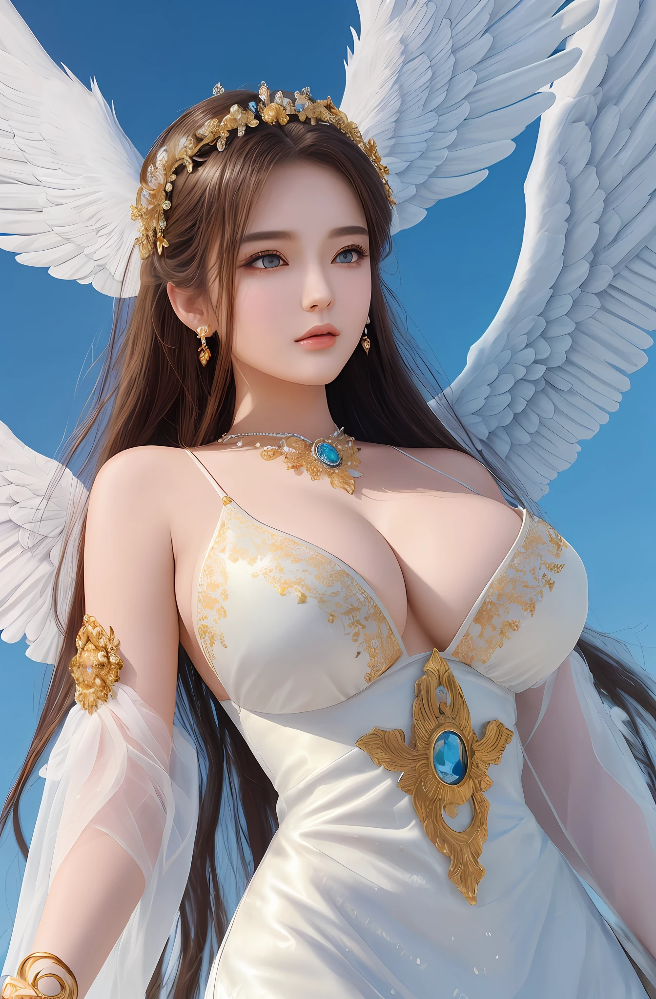 (16k, masterpiece, best quality), ultra-detailed, detailed beautiful round eyes, beautifully detailed face, high quality, high resolution, perfect anatomy, (a female angel appeared from the sky), goddess of heaven, straight hair, goddess, an charming face, sky background, ring over head, big breast, mature women, dynamic pose, looking into the distance, angel wings