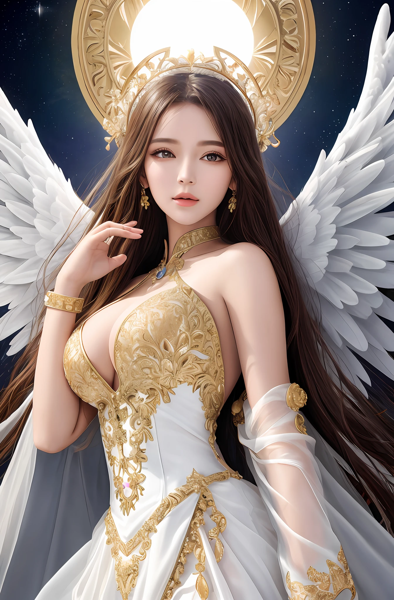 (16k, masterpiece, best quality), ultra-detailed, detailed beautiful round eyes, beautifully detailed face, high quality, high resolution, perfect anatomy, (a female angel flew down from the sky), flying, goddess of heaven, straight hair, goddess, an charming face, sky background, ring over head, big breast, mature women, dynamic pose, looking into the distance, angel wings