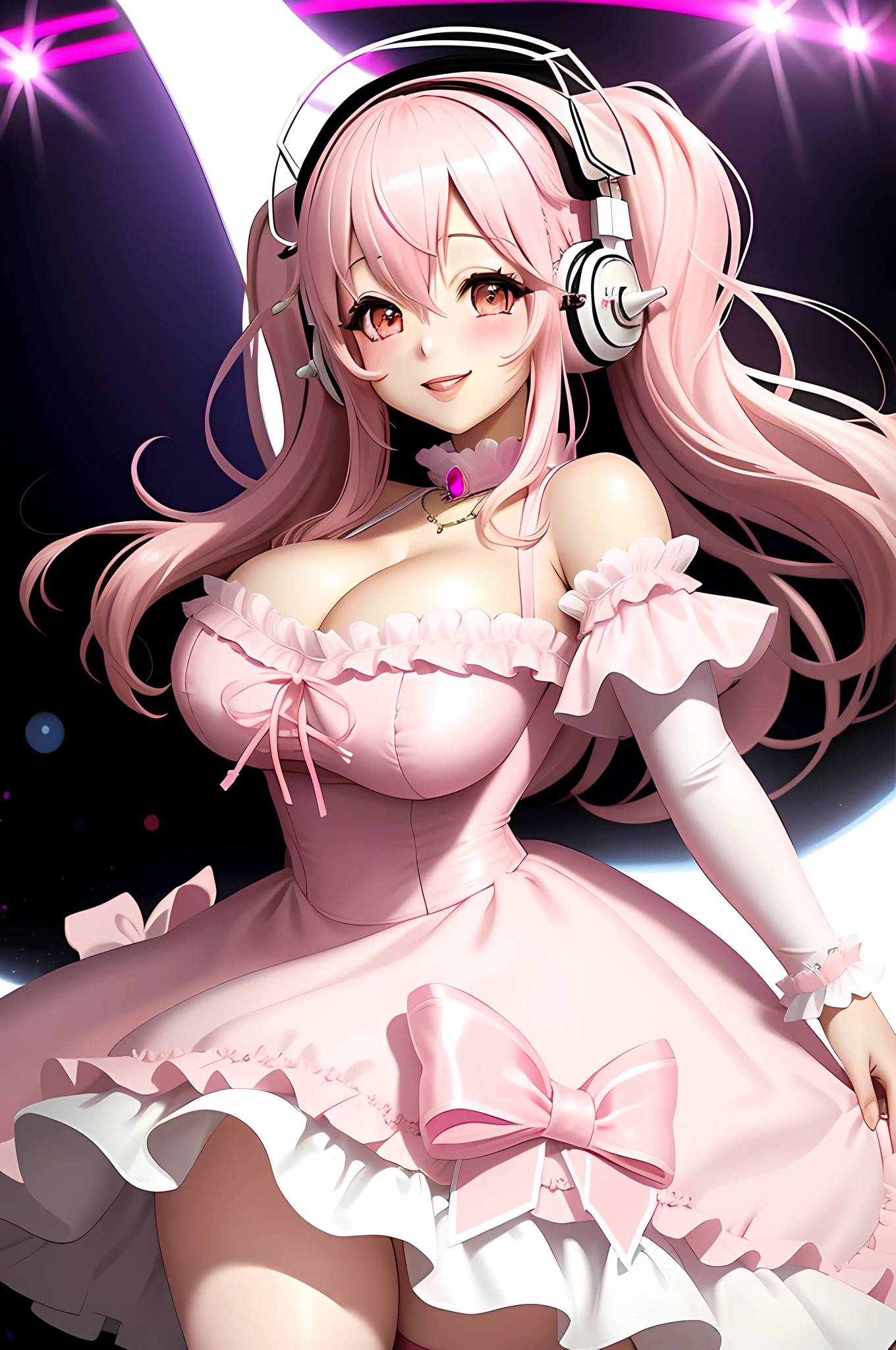 super sonico in a pink and white goth gal dress off shoulder gigantic breasts arms behind back looking at viewer smiling