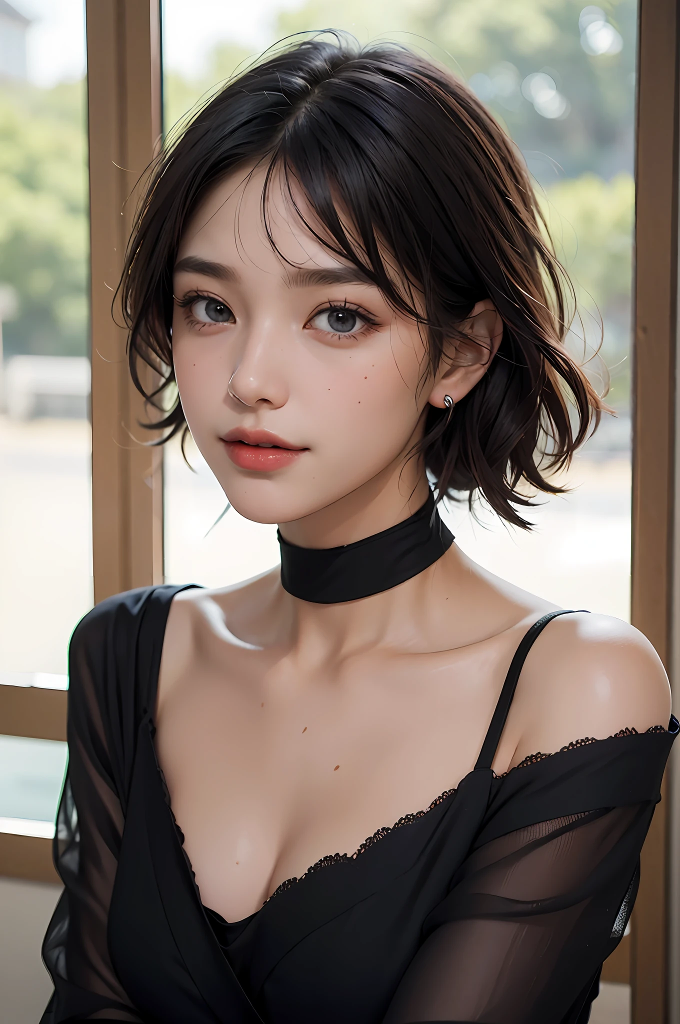 (Masterpiece: 1.3), (8k, Photorealistic, RAW Photo, Best Quality: 1.4), (1girl), Beautiful Face, (Realistic Face), (Black Hair, Short Hair: 1.3), Beautiful Hairstyle, Bangs, Realistic Eyes, Glossy, Highlights, Highlights in the Eyes, Eyelashes, Smiling, Beautiful Detail Eyes, (Realistic Skin), Beautiful Skin, Transparency, Off Shoulder, Red Knit, Blue Knit, Black shoulder straps, shoulder straps, thick choker, bust, smile, tooth, absurdity, attractive, ultra high resolution, ultra-realistic, high definition, golden ratio, crystal clear eyes, wet, mole, gaze on camera, ears, sparkle, long neck, double eyelids, big eyes, cheeks, gentle personality, charming personality, tenderness, touching, captivating charm