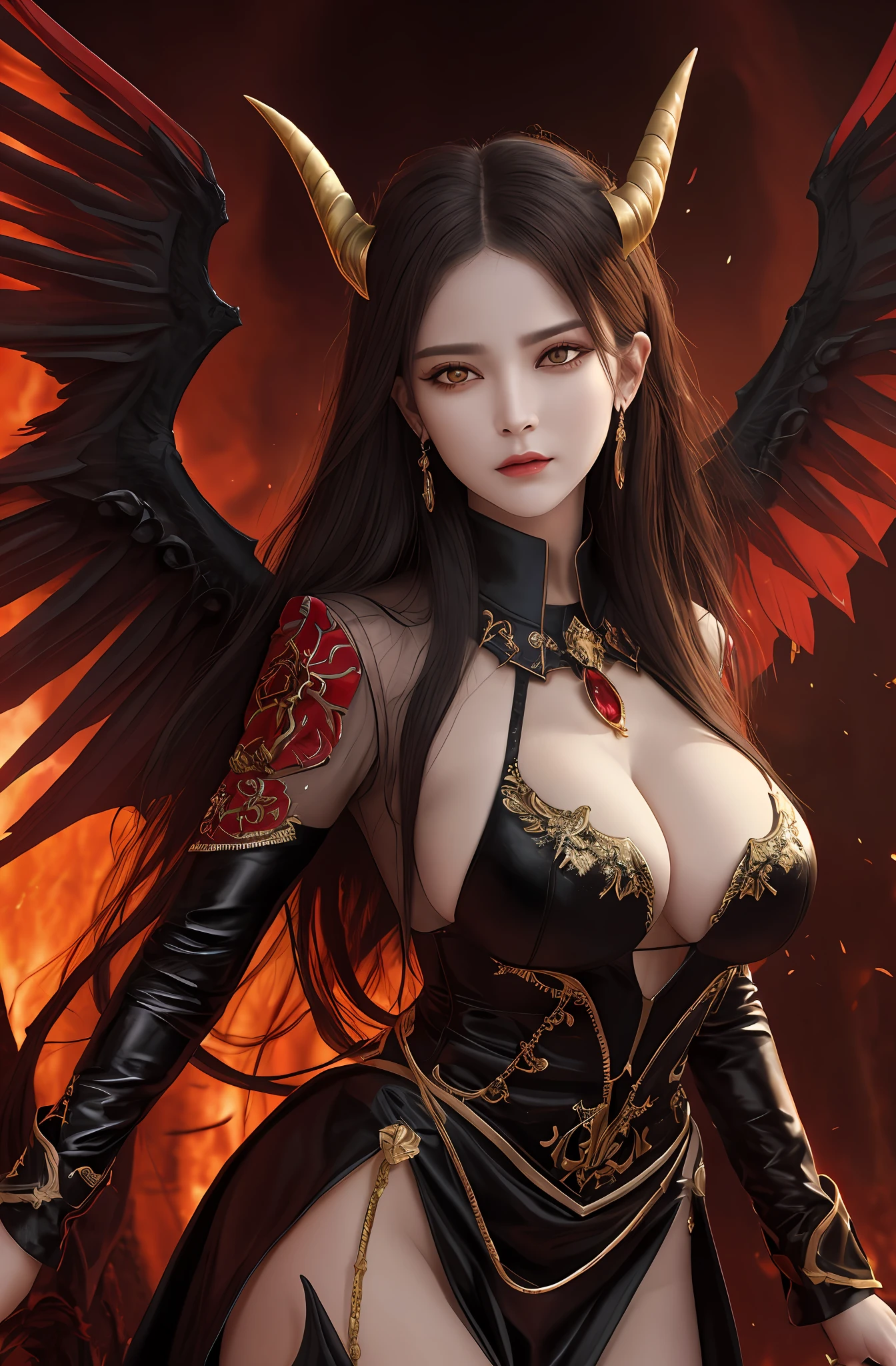 (16k, masterpiece, best quality), ultra-detailed, detailed beautiful round eyes, beautifully detailed face, high quality, high resolution, perfect anatomy, (a female demon came from the hell), goddess of hell, straight hair, evil, angry face, an evil face, hell background, horn, big breast, mature women, dynamic pose, looking into the distance, devil wings