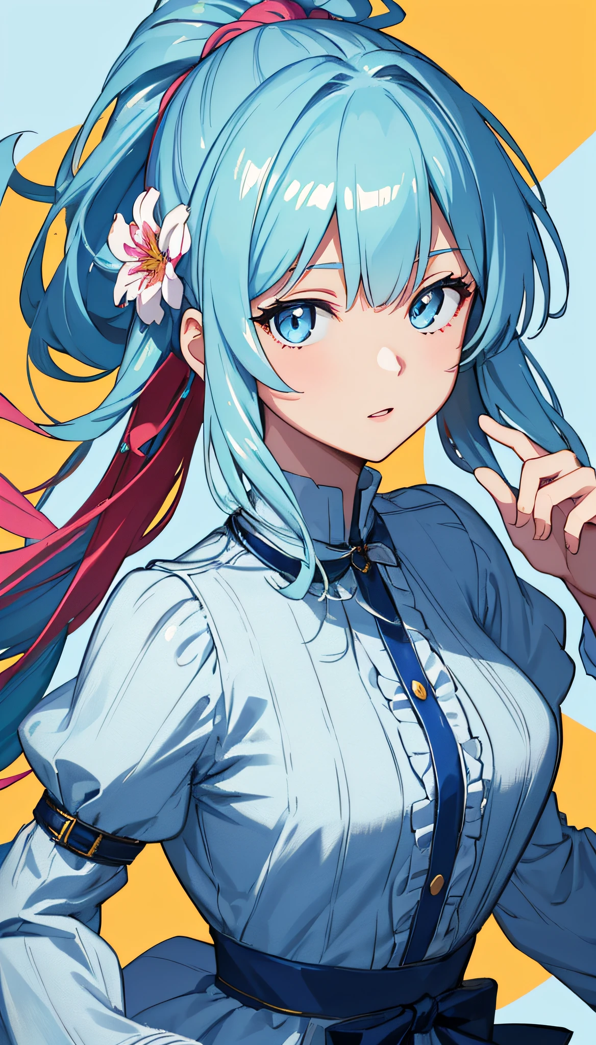 (masterpiece), (best quality), (ultra detailed),(disheveled hair),(illustration), (1girl), (Fashionable clothing), standing, Fashion model, looking at viewer, (interview), (simple background),beautiful detailed eyes, delicate beautiful face, Floating,(high saturation),(colorful splashes),colorful bubble,(shining), focus on face, ponytail, kamisato ayaka, light blue hair, bangs, hair ring, floating flowers, floating hairs, (shining), best lighting, best shadow,