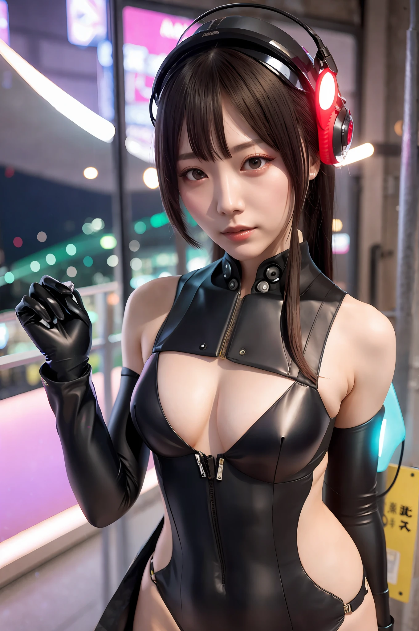 girl, slender, medium breasts, cyberpunk, kimono like mechanical bodysuit, bikini, oiran dystopia, night