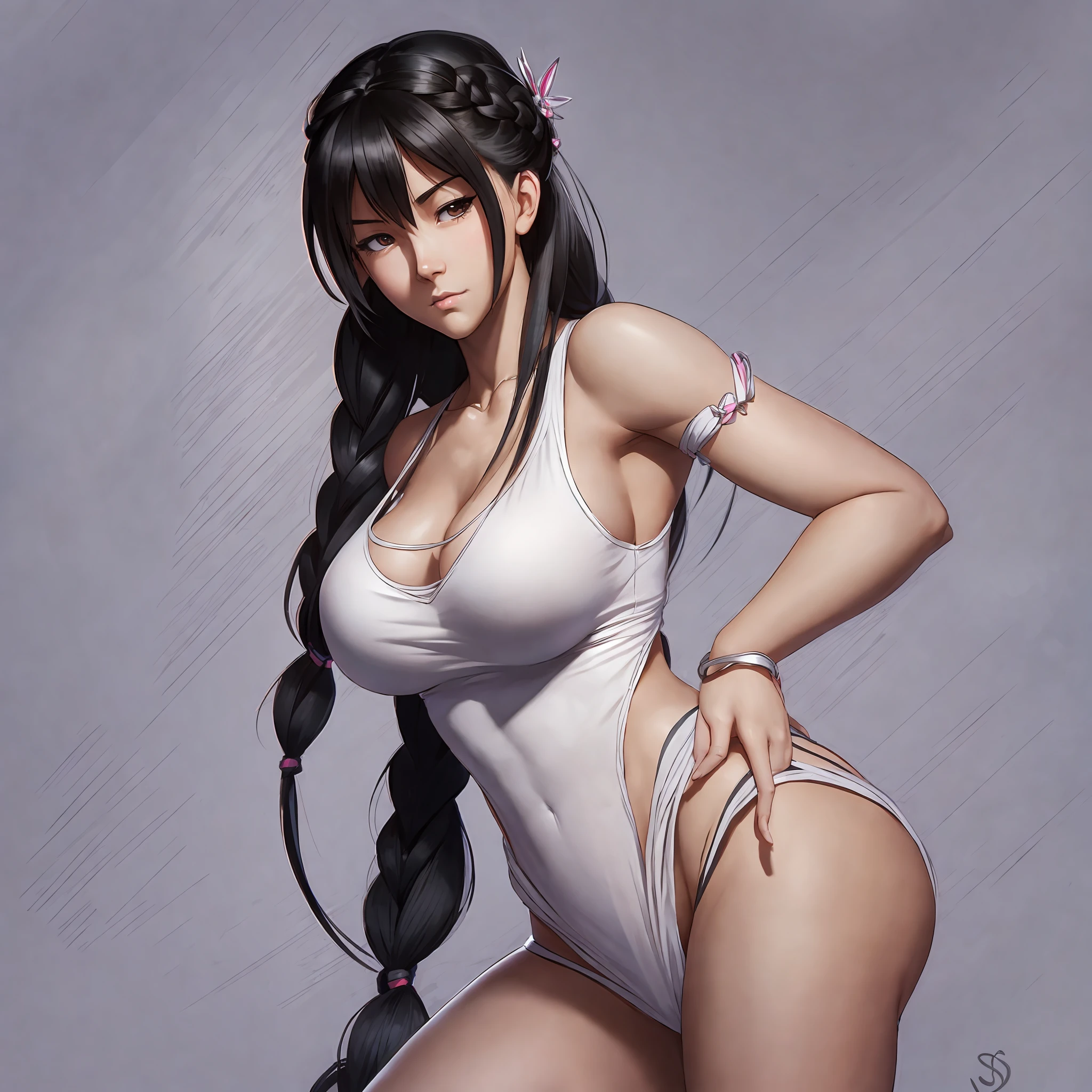 a drawing of a woman with medium black hair and a thong, braids, side boob, big breasts, heavy gesture style , flat anime style shading, suggestive looks, seductive anime girl, full body illustration, extra detail, clean detailed anime style, wearing a white tanktop, wearing tanktop, blushing, thick border lines --auto --s2