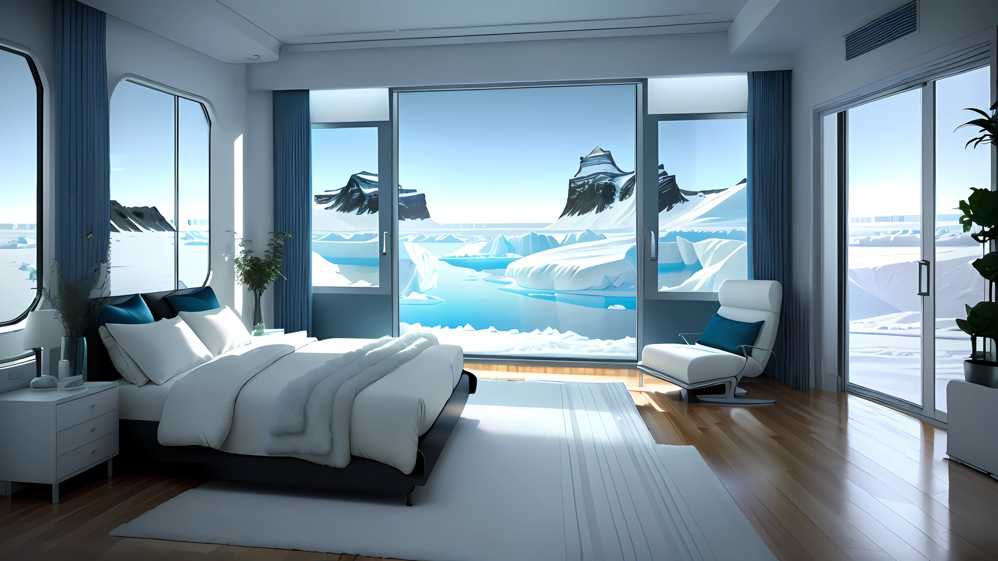 ((visual novel background)), (futuristic bedroom), (white room), bed, pillows, plant, glass table, closet, (((antarctica outside window))), (arctic icy mountains)