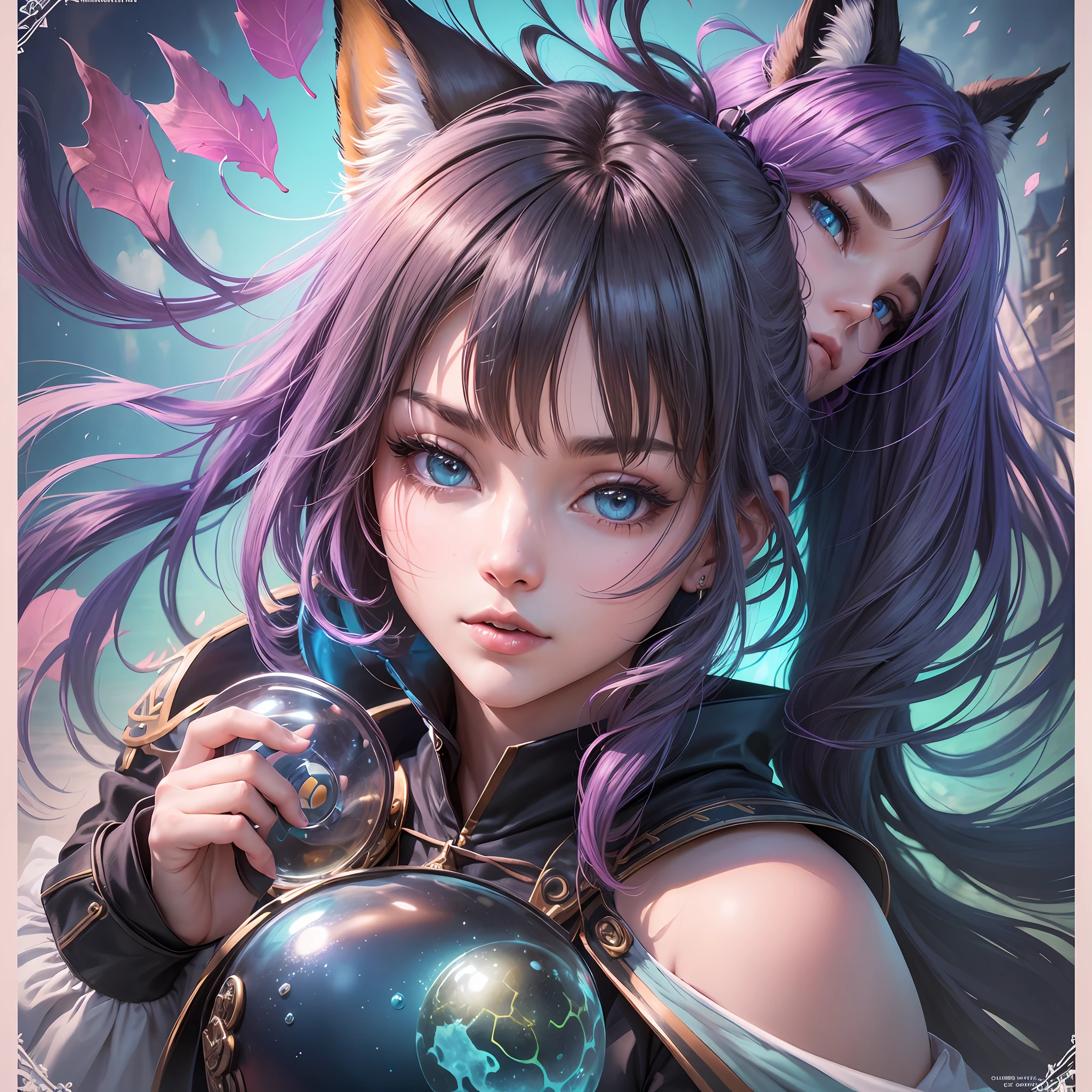 (Highest Quality), (Masterpiece), (Ultra Detailed), (Eye Detail: 1.0), (Lens Vires: 1.0), (Movie Poster: 1.0), (Tarot Border: 1.0), Portrait Centered, (Close-up: 1.0), (Negative Space: 0.8), (Negative Space: 1.6), (Solo), (Floating Colorful Water Magic: 1.0), (Many Colorful Vines: 1.0), (Floating Pink Leaf: 1.0), (Hydrofoil: 1.0), (Dappled Sunlight, Light , Caustics: 1.2), (Colorful: 1.0), (Beautiful Details Glow: 1.0), (Leaning Back: 1.2), (Grim Expression: 1.0), (Small:1.0), (Shut Up: 1.0), (Eyeshadow), (Lime Hair: 1.4), (Long Hair: 1.0), (Facing Viewer: 1.3), (Halo: 1.3), (Head Tilt: 1.0), (Dynamic Pose : 1.1), (asymmetrical hair: 1.2), (blue armor: 1.0), (military uniform), (cascading skirt), (dark circles: 1.4), blunt bangs, high double ponytail, long coat, (floating cape: 1.0), (fox ears, fox girl: 1.1), (castle: 1.4), (outdoor, outdoor: 1.1), hairbow, (flight: 1.1), (dark skin: 1.1), (upper body: 1.25), symbol-shaped pupils, heart-shaped pupils --auto --s2