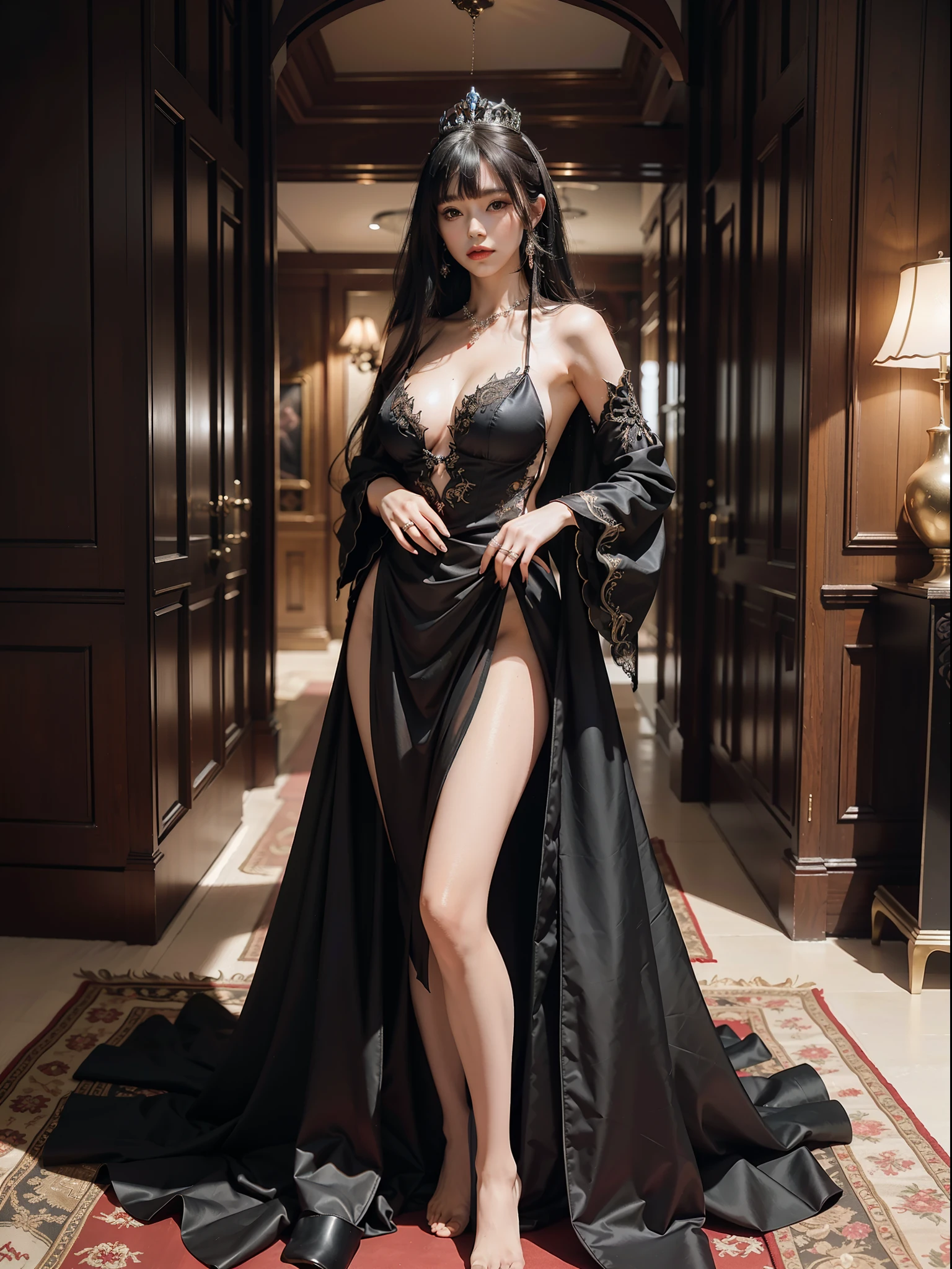 At the door, there is a woman in a black dress posing, full body fairy, beautiful fantasy queen, elegant and charming cosplay, wearing a translucent red aristocratic suit, royal elegant pose, ((beautiful fantasy queen)), flowing magic robe, tight short skirt succubus, fantasy robe, classical witch robe, crimson robe, beautiful and elegant queen, (Qi bangs), (ring finger diamond ring), masterpiece, realistic