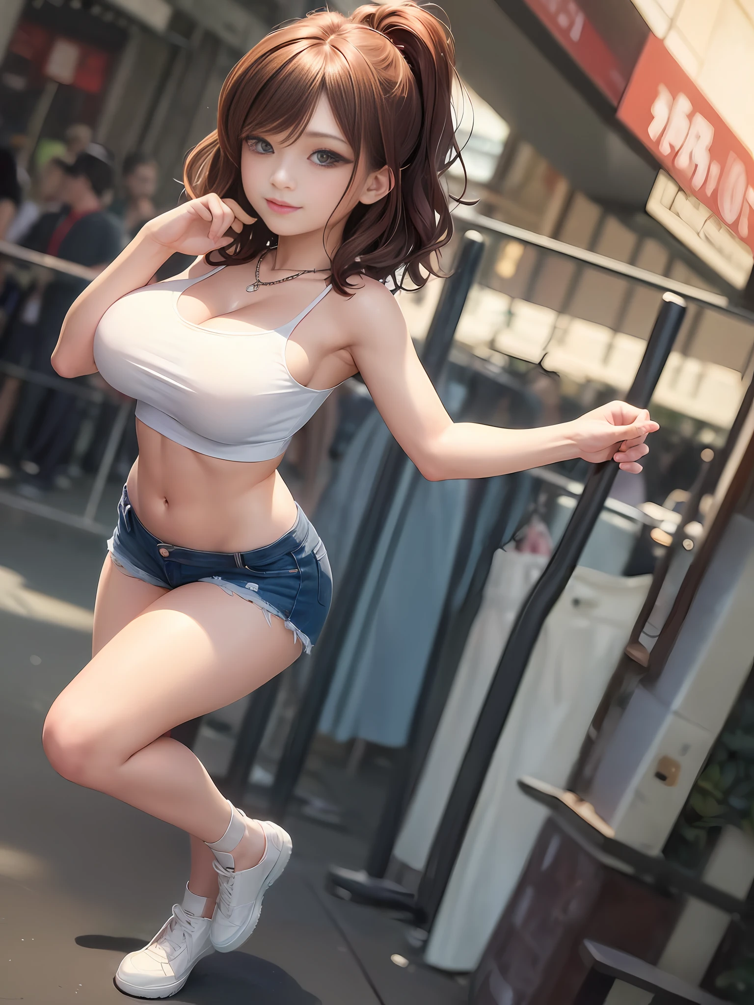 (((Big breasts: 1.4))), (Beauty, head is small)), smile, sunlight, sunlight, (Chiseled abs: 1.1), (Perfect body: 1.1), (Short wavy hair: 1.2), reddish brown hair, collar, chain, full body shot, white tank top, ((shorts))), street, shopping, (very detailed CG 8k wallpaper), (very delicate and beautiful), (masterpiece), ( Best Quality: 1.0), (Ultra High Definition: 1.0), Beautiful Lighting, Perfect Lightning, Realistic Shadows, [High Definition], Detailed Skin, Ultra Detail