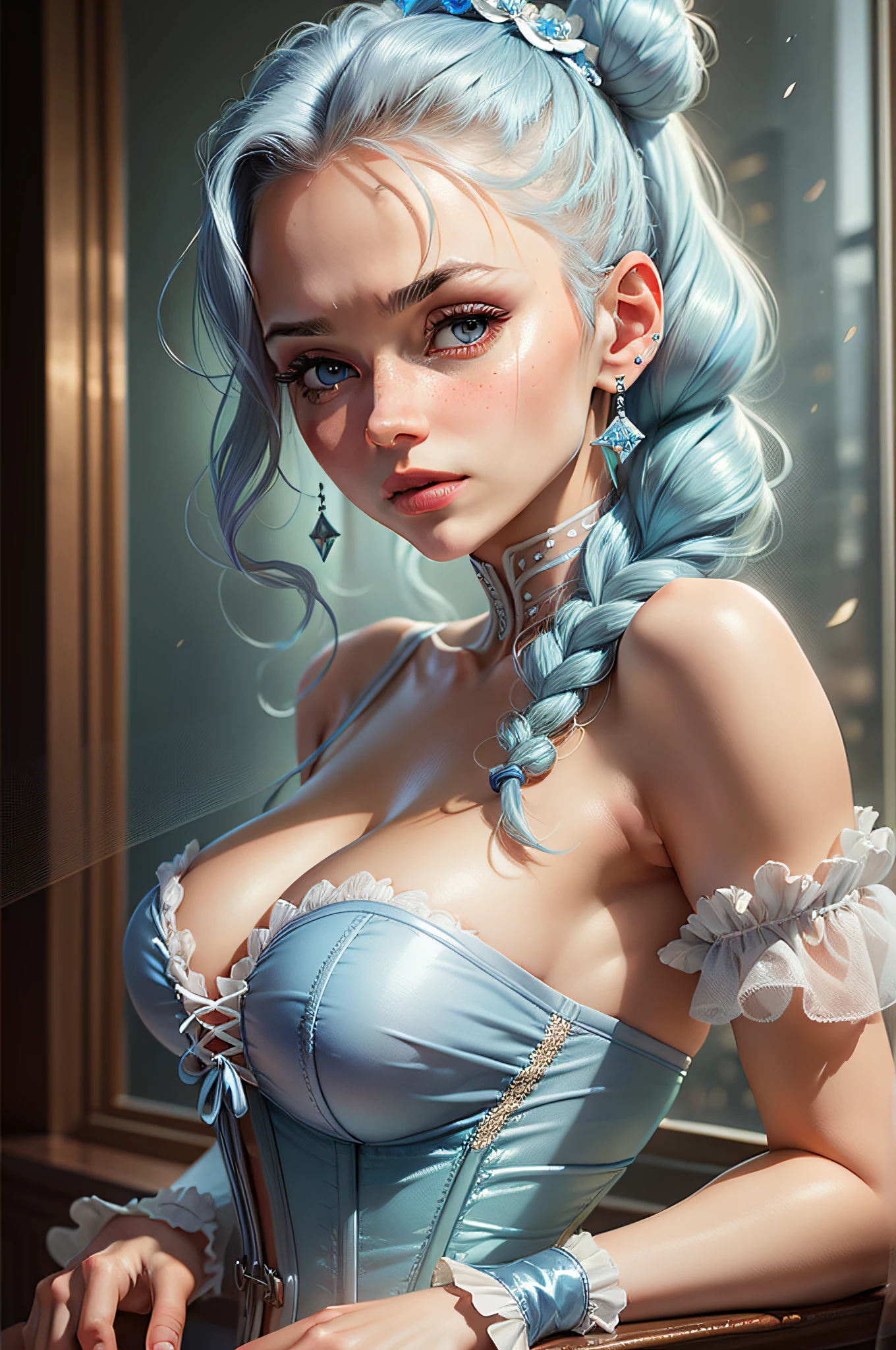 ((Light blue corset dress)), (Best quality, masterpiece: 1.2), Ultra High Resolution, (((Realistic)), Front lighting, intricate details, exquisite details and textures, Body Portrait, 1 girl, Solo, (young), Face highlights, Upper body, Detailed face, Teardrop mole, Shiny skin, Silver hair, Ponytail, Braid hair, Look at the viewer, big eyes, ( light blue corset dress), earrings, small breasts, slim body, beautiful background (city hotel room: 1.2), windowsill, professional lighting, photon mapping, radiosity, physically based rendering, ((hair bunched up on head)), huge, {{{masterpiece, best quality, illustration,game_cg}}}, (hair bunched up on head), sexy, cinematic, Beautiful background, body portrait --auto --s2