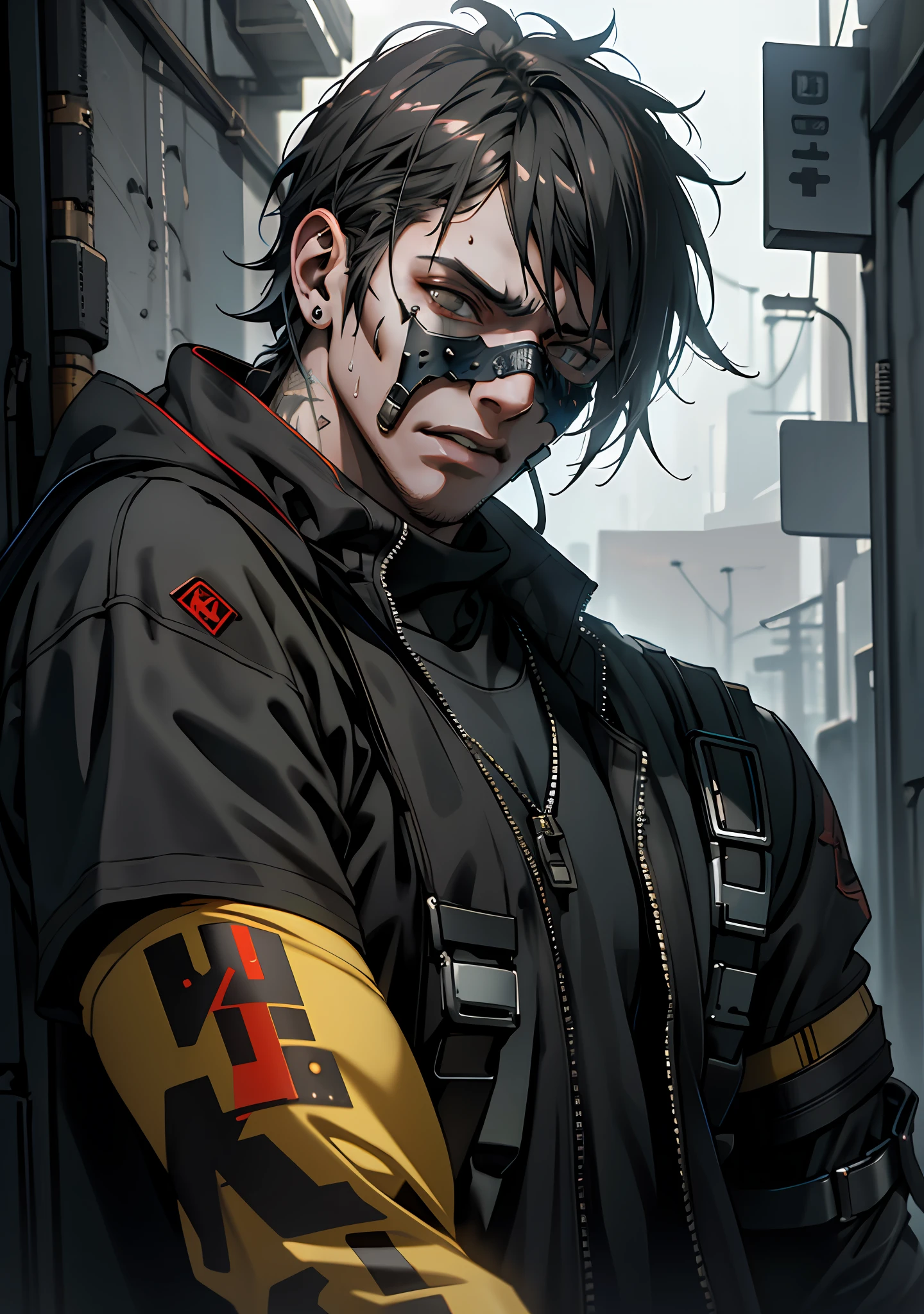Pain Expression, Ultra Detail, High Resolution, Ultra Detail, Best Quality, Amazing, Top Quality, Extremely Detailed CG Unity 8k Wallpaper, Cinematic Lighting, Cyberpunk, Dark Boy, Grunge Gang Mask