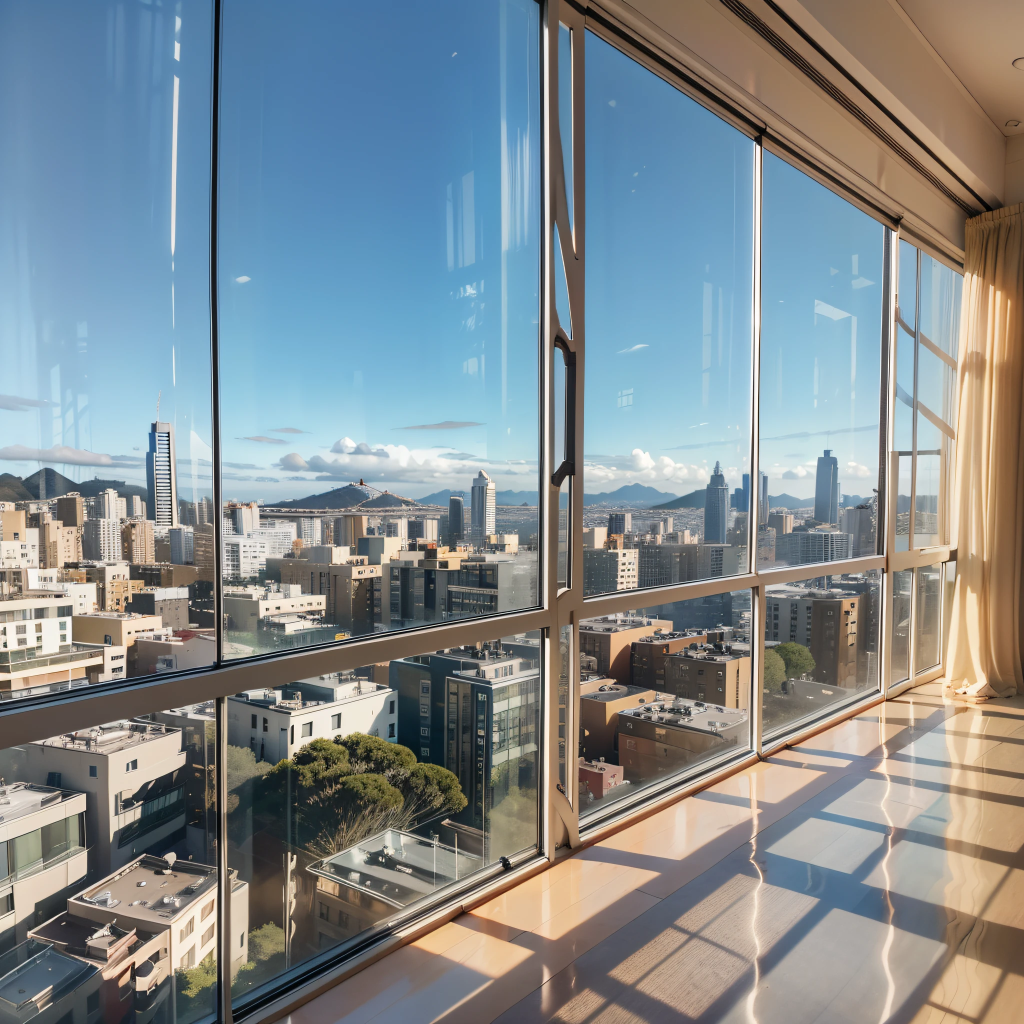 balcony view, top view of the city, floor to ceiling windows, expansive view, unobstructed vista, real estate photography, natural light background, city background, beautiful view, San francisco, large glass windows, ceiling to floor windows, large windows photo-realistic, hyper-realistic, cream room, hyper-realistic, very realistic, ultra-realistic,