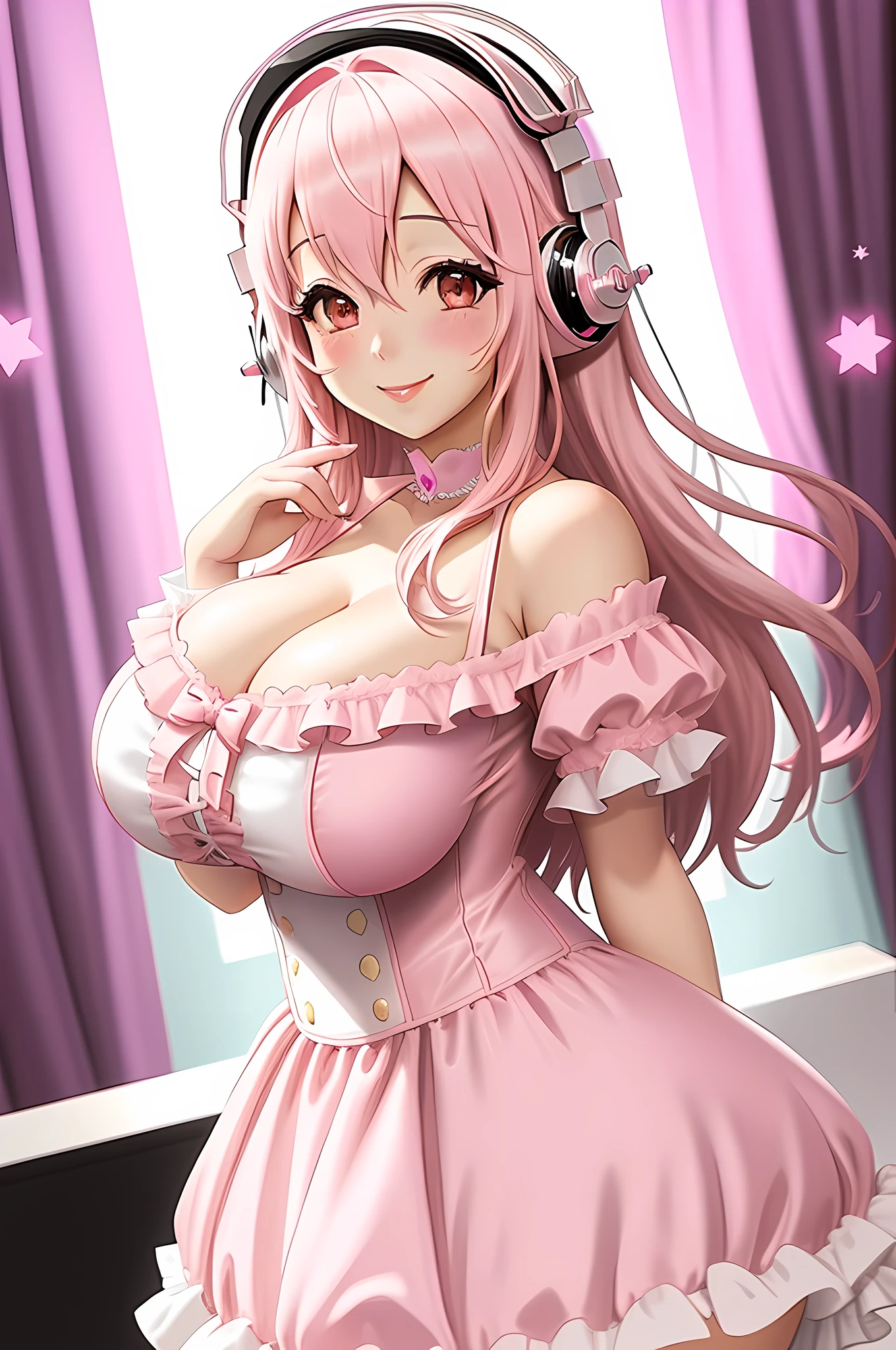 super sonico in a pink and white goth gal dress off shoulder gigantic breasts arms behind back looking at viewer smiling