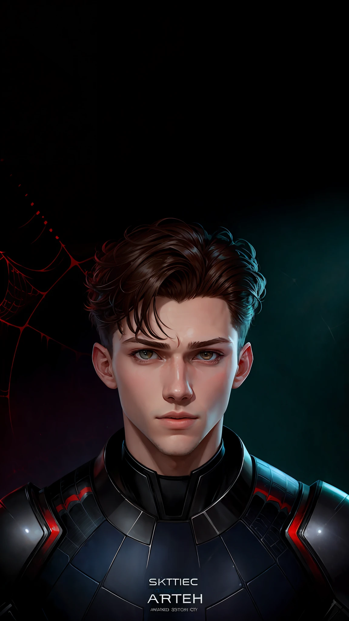 (Award Winning Digital Artwork:1.3) of (Sketch:1.3),(Energetic:1.3), TomHolland,CGSociety,ArtStation,(Saturated:1.3),(close portrait:1.3),(Masculinine:1.4),(beautiful:1.4),(attractive:1.3),handsome,calendar pose,perfectly detailed eyes,studio lighting, Spider web thematic background