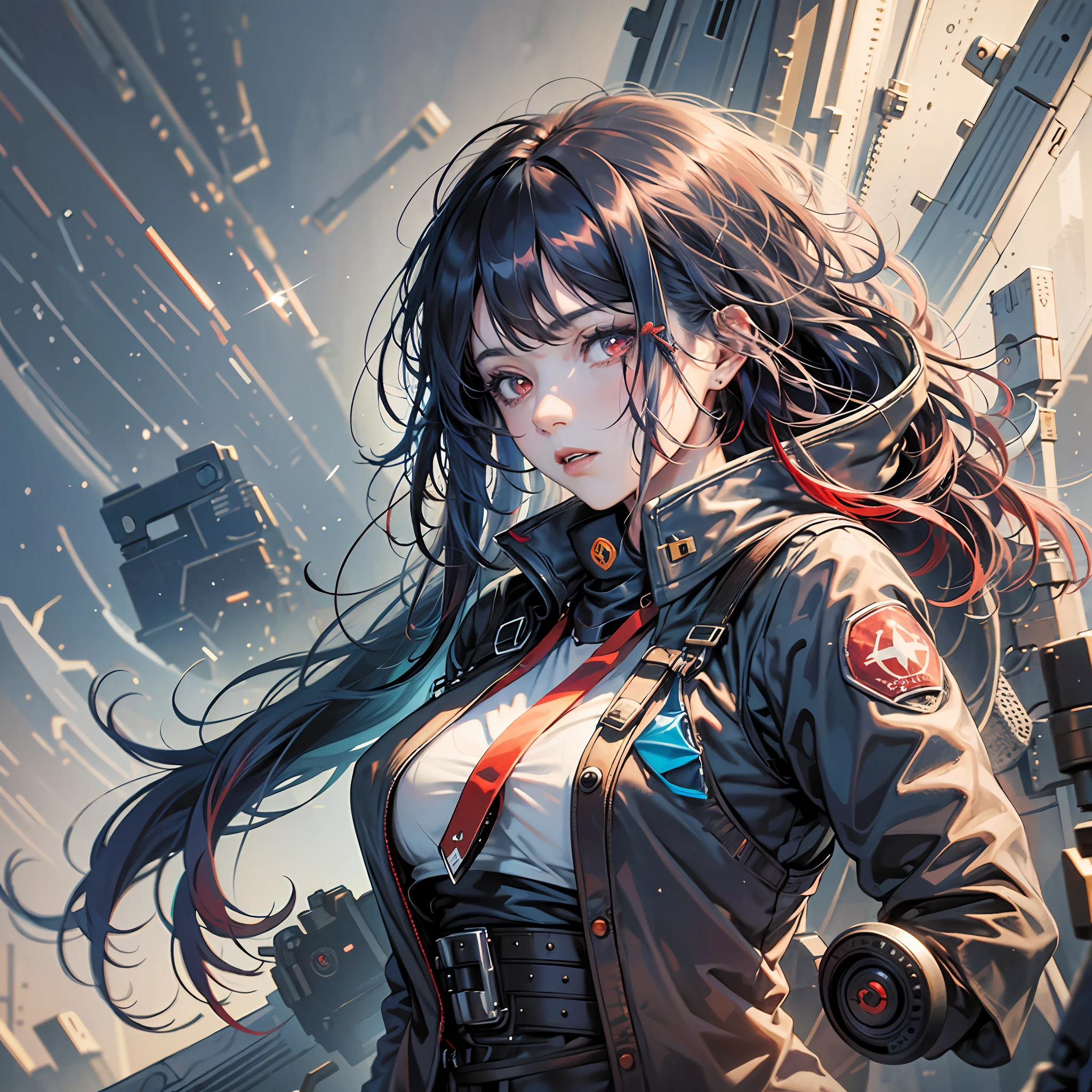 1girl, Red (RYB) eyes, long dark blue hair, aiming at viewer, holding pistol, handgun, masterpiece, detailed shadows, detailed light, highly detailed, best quality, HD, 4K, high quality, --auto --s2