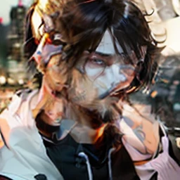 ((highest quality, masterpiece, 4k, finely detailed, detailed eyes, detailed face, gelbooru, pixiv, warm lighting)), ((solo)), 1 male, handsome, male, adult male, older face, broad shoulders, closeup of face, ((black chin hair)), smiling with fangs, looking at the viewer ((lazy eyes, semi-eyelids, tired eyes, bags under the eyes, black eyes with white pupils)), (hood, sweatpants), ((black hair, long hair, shaggy hairstyle, messy hair)), standing, hands in pockets, city background, night --auto --s2