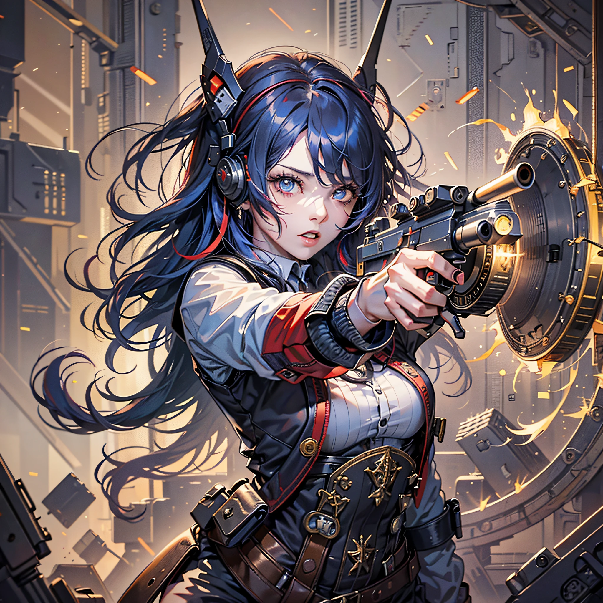 1girl, Red (RYB) eyes, long dark blue hair, aiming at viewer, holding pistol, handgun, masterpiece, detailed shadows, detailed light, highly detailed, best quality, HD, 4K, high quality, --auto --s2
