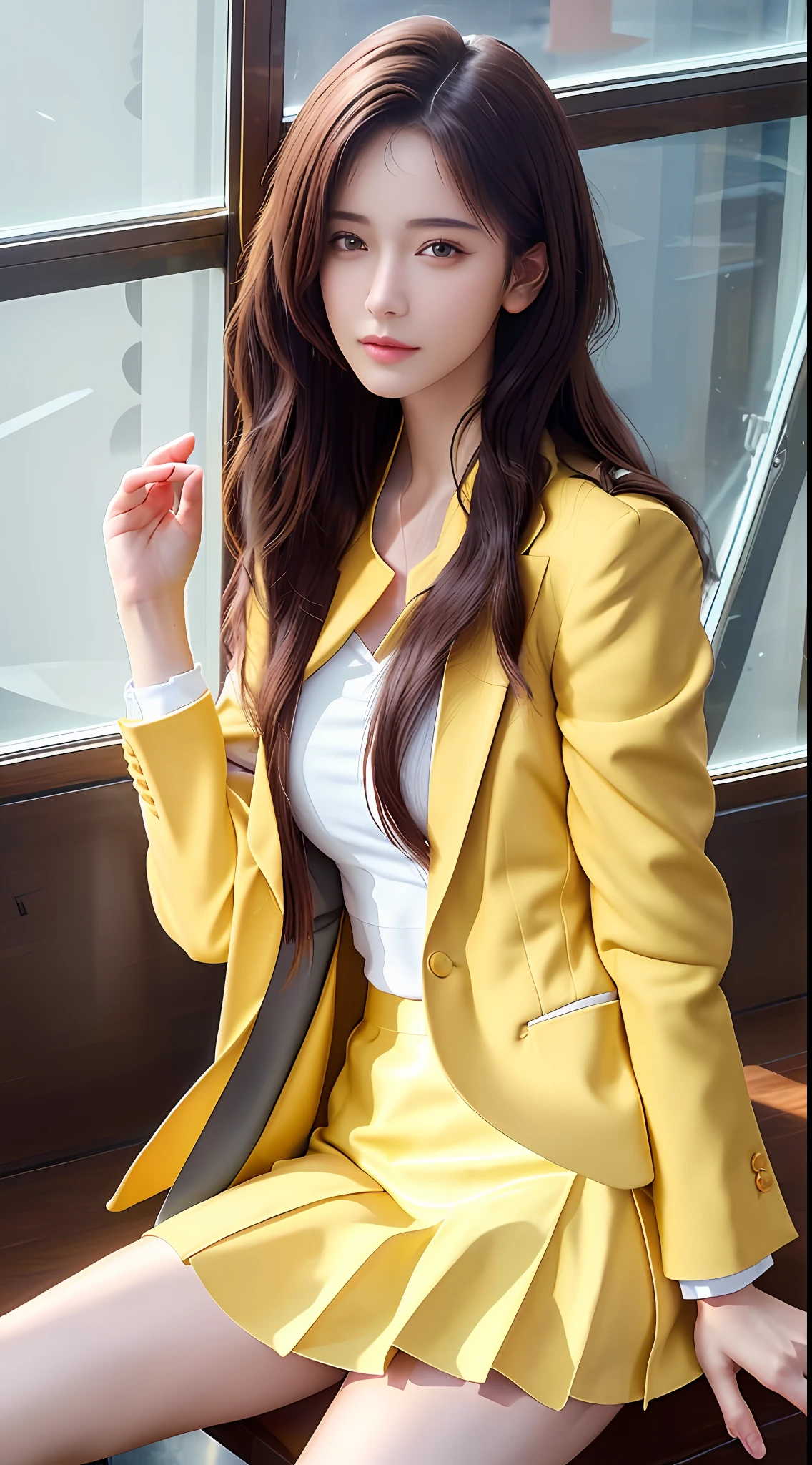Top Quality, Masterpiece, One Girl, Beautiful Face, (Photorealistic Picture:1.3), Rim Lighting, (High Detail Skin:1.2), 8K UHD, DSLR, High Quality, High Definition, 4K, 8K, Bokeh, Absurdity, Best Ratio Four Fingers and One Thumb, (Real: 1.3), Cute 1 Girl, Wearing Yellow Formal Blazer, Midchest, Skirt,