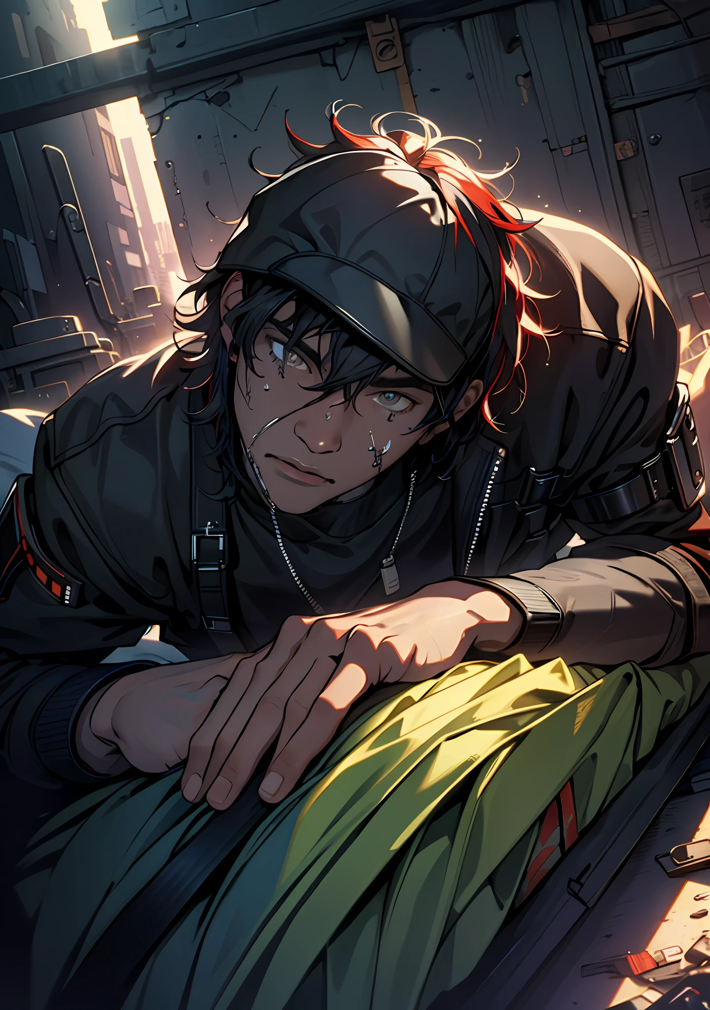 Painful expression, lying in bed, hyper detail, high resolution, ultra detail, best quality, amazing, top quality, extremely detailed CG Unity 8k wallpaper, movie lighting, cyberpunk, dark boy, trash gang mask
