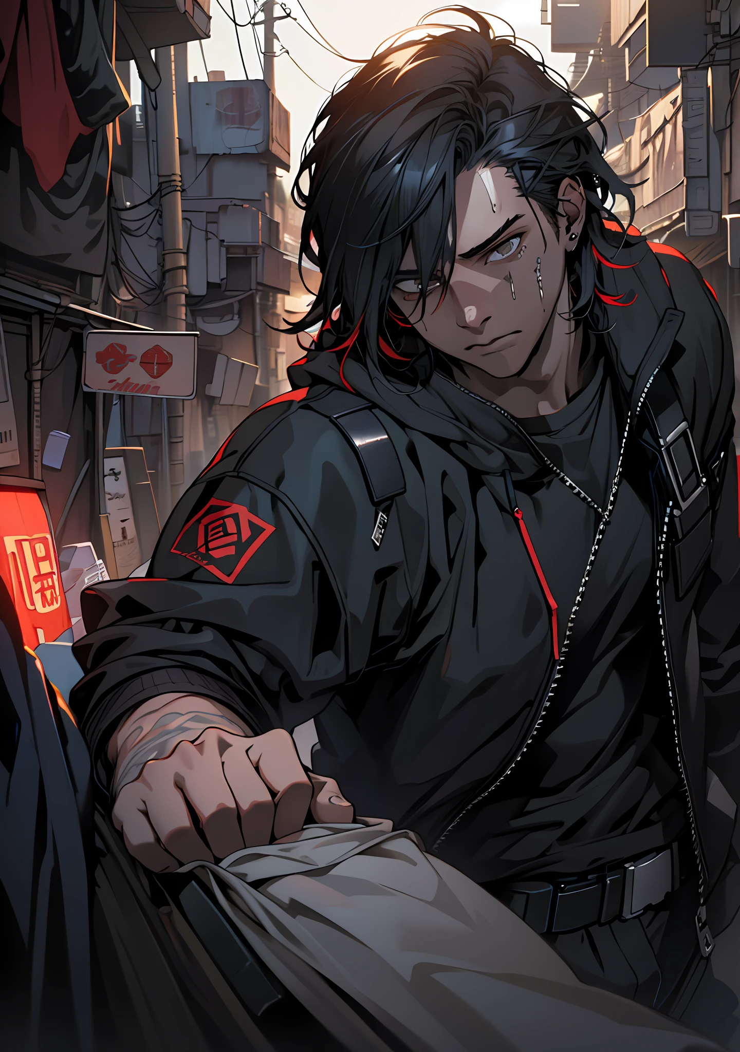 Painful expression, lying in bed, hyper detail, high resolution, ultra detail, best quality, amazing, top quality, extremely detailed CG Unity 8k wallpaper, movie lighting, cyberpunk, dark boy, trash gang mask