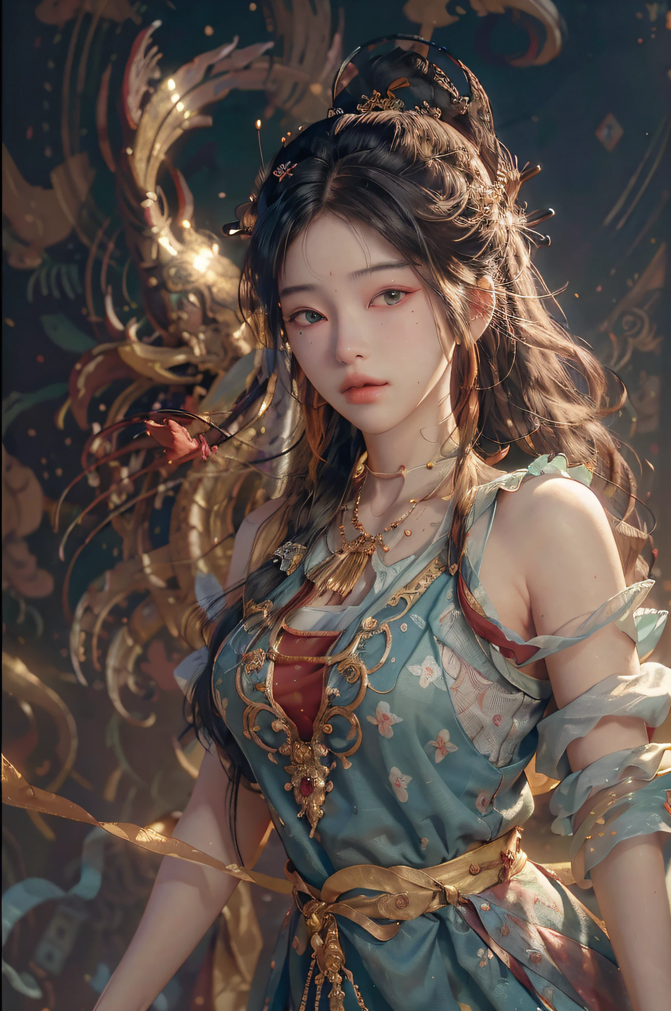 (RAW photo, best quality), (realistic, photo-realistic:1.3),best quality,highly detailed,masterpiece,ultra-detailed,illustration,1girl,upper_body,dynamic angle,world masterpiece theater,messy_long_hair,best quality,extremely detailed CG unity 8k wallpaper,ink,Amazing,cinematic lighting,lens_flare, dunhuang_style