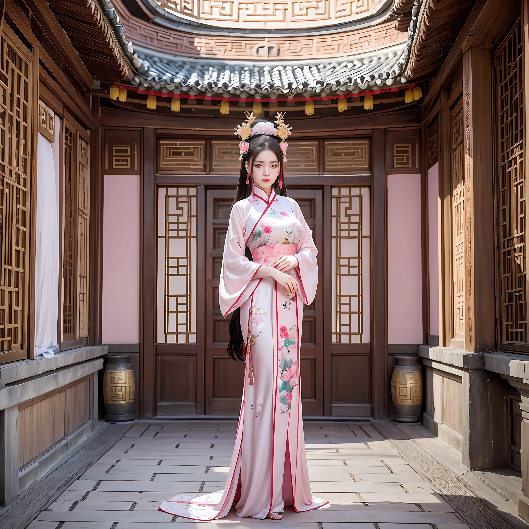 A Chinese beauty, dressed in Hanfu, graceful and luxurious, not naked, dancing in the ancient palace: Cyberpunk: :1 Direct sunlight: 1 360 Panorama::1 Pink::1 Gold::1 --v 4