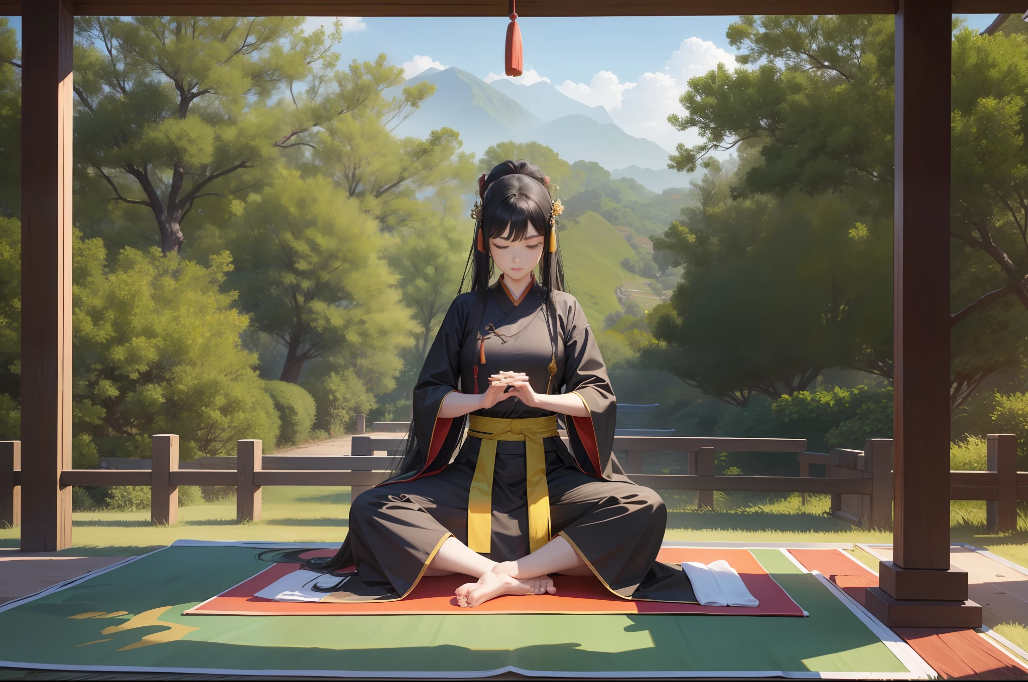 Tall and tall, ancient Chinese style, Chinese martial arts. A 16-year-old girl, sitting cross-legged, sitting on the altar, outdoors, martial arts practice, eyes closed, practicing exercises, internal skills, fantasy, many people under the Xiu Xian Tai are watching, long black hair, a green martial arts robe, green martial arts robe, full body picture. The facial resolution is extremely high, the facial features are clear, and the competition field is large. Outdoor martial arts training ground, many people, no buildings.