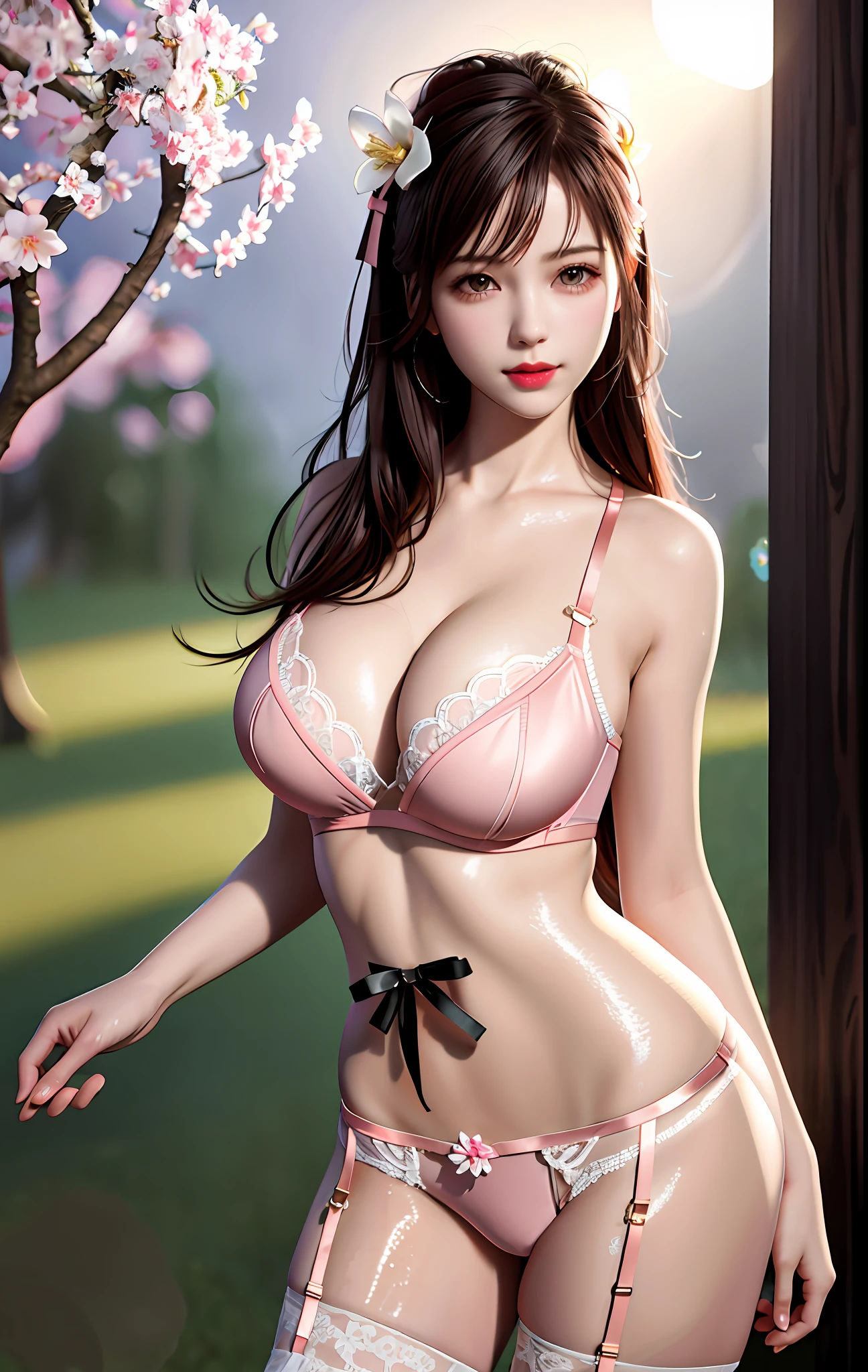best quality, masterpiece, high_res, 1 girl, beautiful face, photo realistic, edge lighting, 8K ultra hd, dslr camera, high quality, high resolution, 8K, bokeh, big breasts, ridiculous, wet body, no bra, dim light, backlight, dark, highly detailed, short hair, sweet, bare breasts, breast patches, fine bra, transparent lingerie, thongs, abs, stockings, huge breasts, erotic lingerie, lace, pink lingerie, peach blossom, plump,