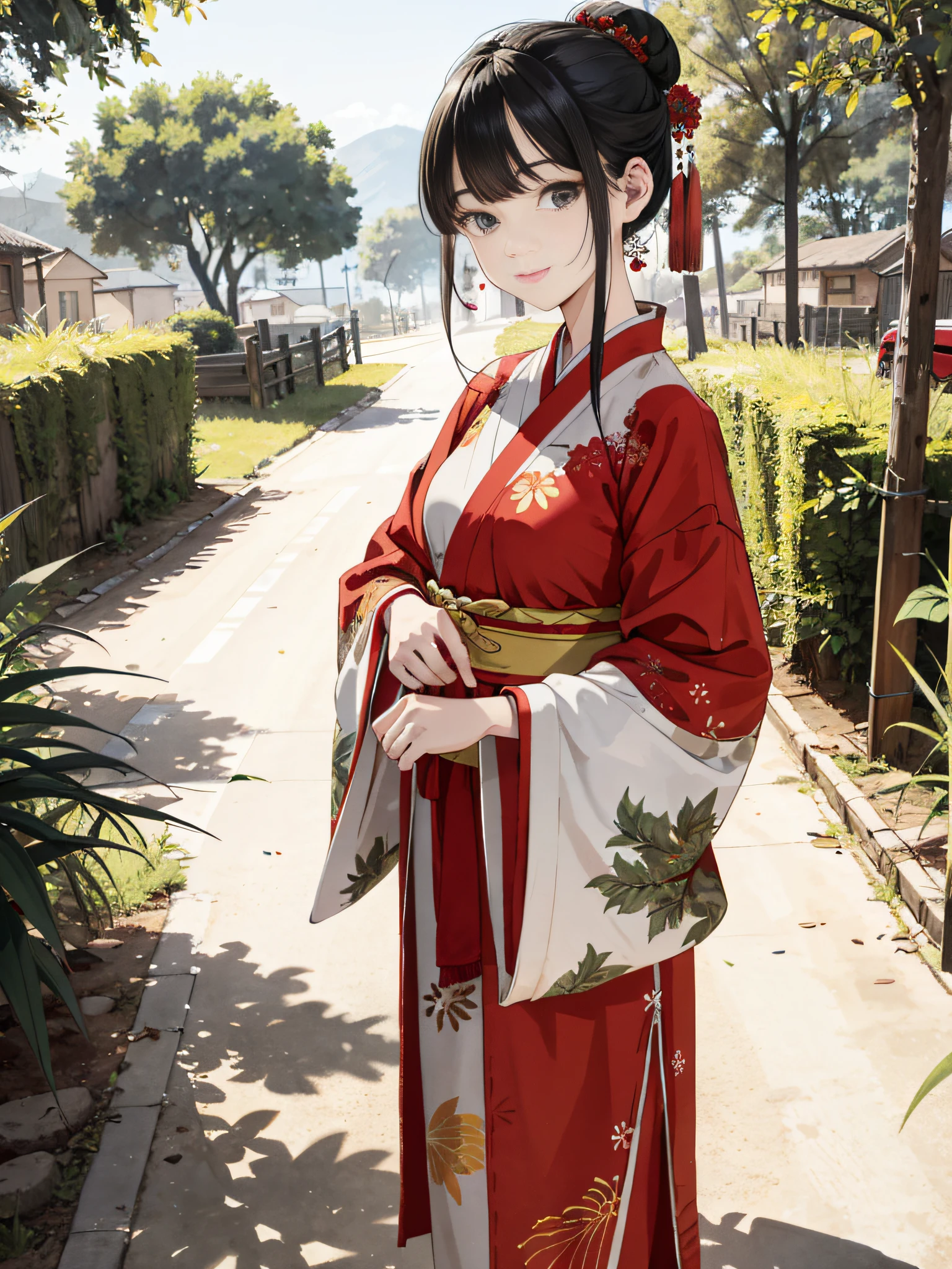 Absurd, high definition, super detailed, texture details, clear presentation, HD details, detail performance, fine details, clear face, precise restoration, clear eyeballs, (1 fat girl: 1.3), hand-drawn, simple lines, a 50-year-old girl in festive red Hanfu, holding a fan standing on the dirt road at the entrance of the village, masterpiece, sunny day, looking at the camera