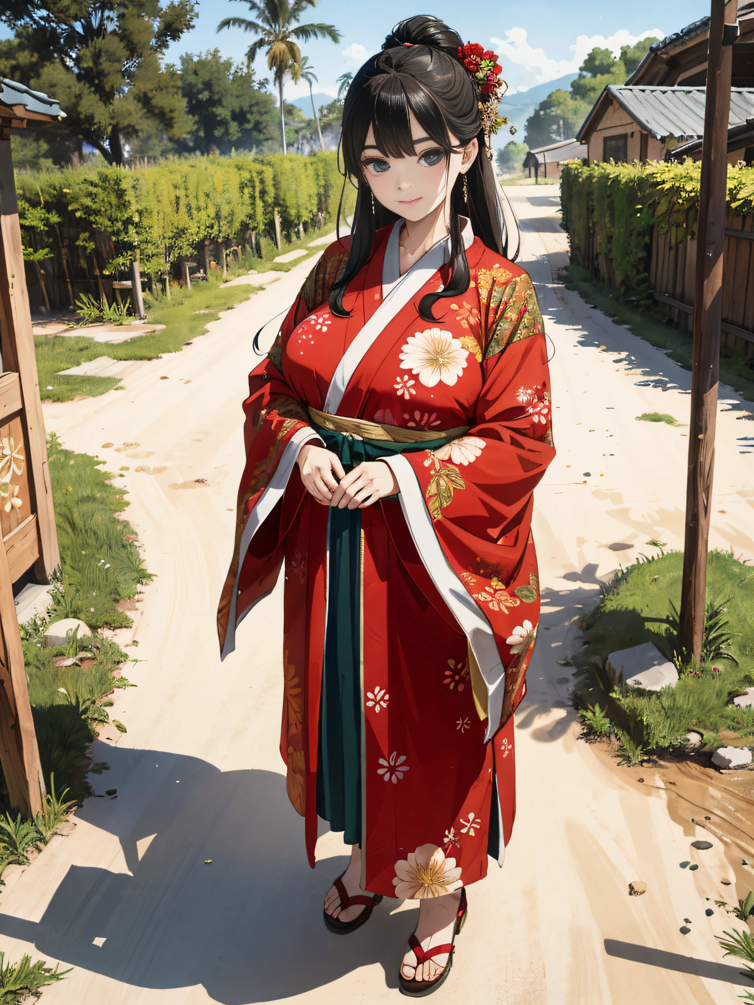 Absurd, high definition, super detailed, texture details, clear presentation, HD details, detail performance, fine details, clear face, precise restoration, clear eyeballs, (1 fat girl: 1.3), hand-drawn, simple lines, a 50-year-old girl in festive red Hanfu, holding a fan standing on the dirt road at the entrance of the village, masterpiece, sunny day, looking at the camera