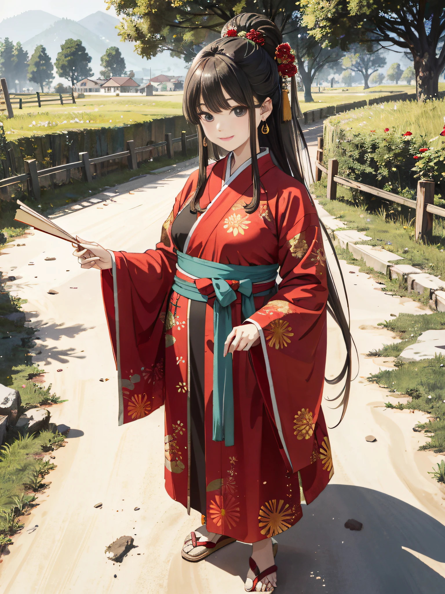 Absurd, high definition, super detailed, texture details, clear presentation, high-definition details, detail performance, fine details, clear face, precise restoration, clear eyeballs, (1 fat girl: 1.3), hand-drawn, simple lines, a 50-year-old girl in festive red Hanfu, holding a fan, standing on the dirt road at the entrance of the village, masterpiece, sunny day, looking at the camera
