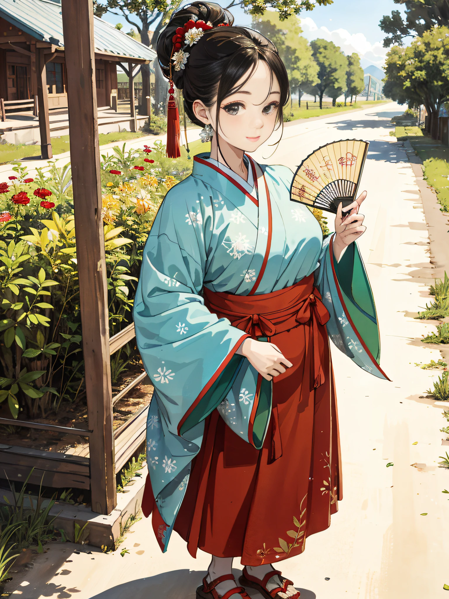 Absurd, high definition, super detailed, texture details, clear presentation, high-definition details, detail performance, fine details, clear face, precise restoration, clear eyeballs, (1 fat girl: 1.3), hand-drawn, simple lines, a 50-year-old girl in festive red Hanfu, holding a fan, standing on the dirt road at the entrance of the village, masterpiece, sunny day, looking at the camera