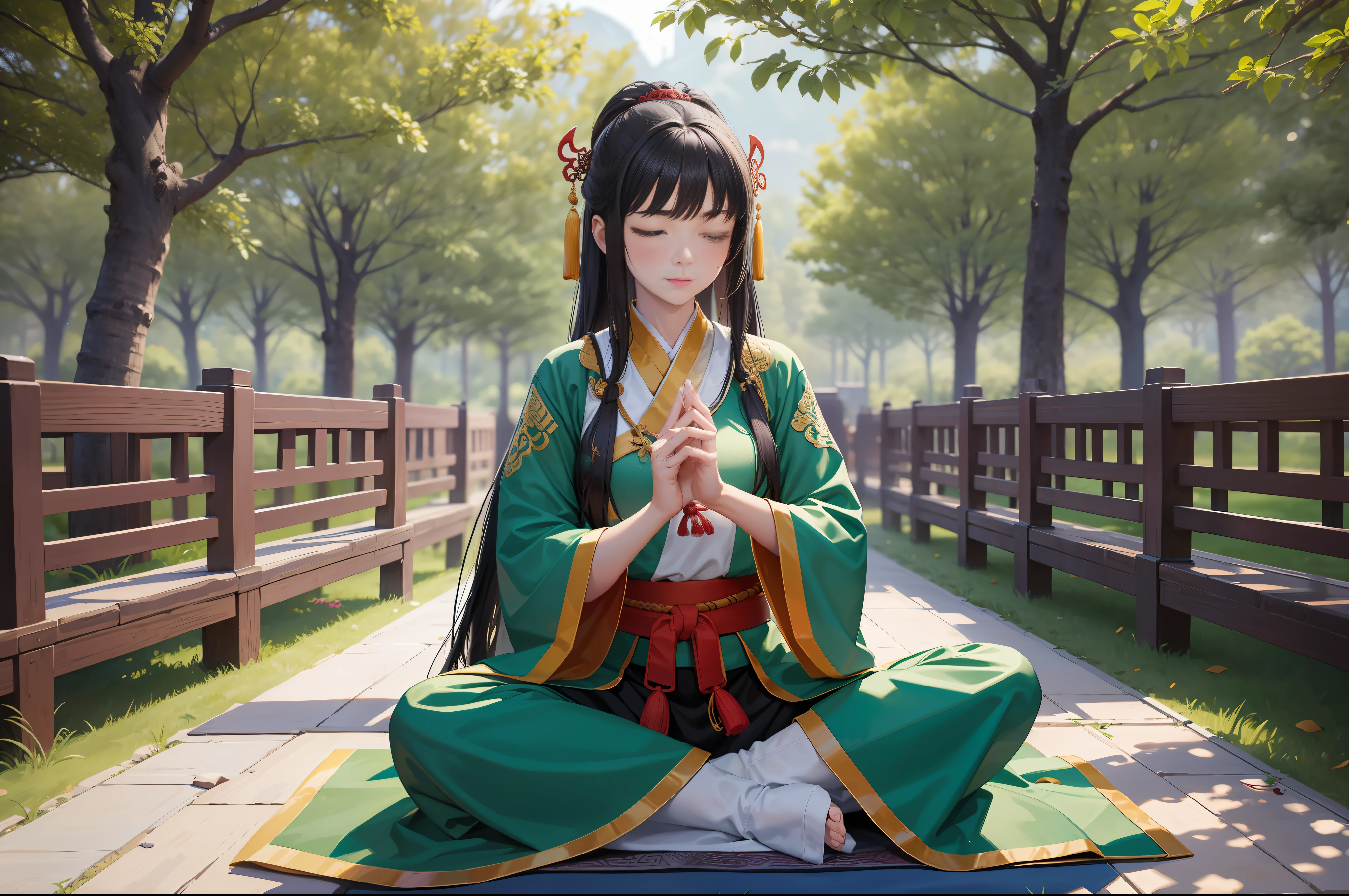 Tall and tall, ancient Chinese style, Chinese martial arts. A -yeld gi sitting cross-legged, sitting on the altar, outdoors, martial arts practice, eyes closed, practicing exercises, internal skills, fantasy, many people under the Xiu Xian Tai are watching, long black hair, a green martial arts robe, green martial arts robe, full body picture. The facial resolution is extremely high, the facial features are clear, and the competition field is large. Outdoor martial arts training ground, many people, no buildings.