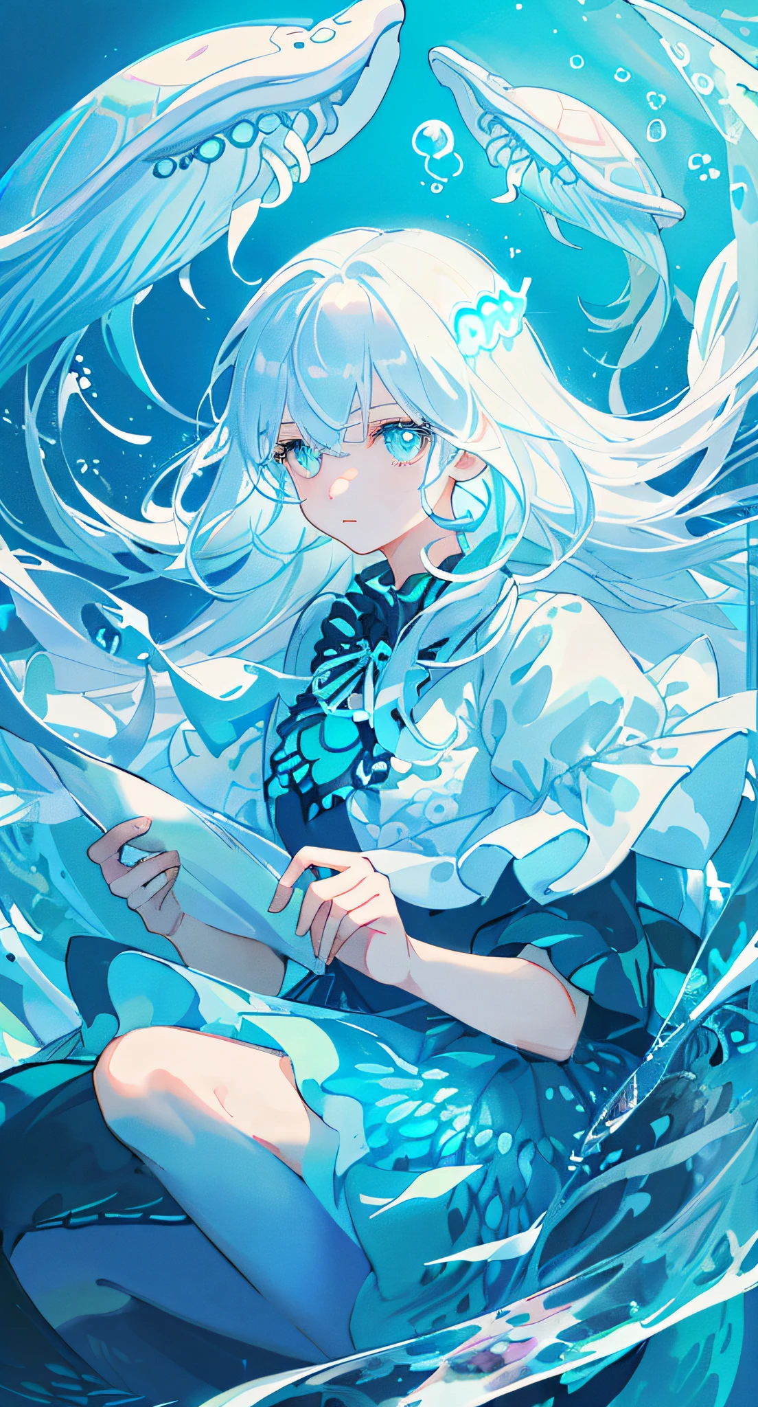 ((masterpiece,best quality)),(negative space:1.2),(1girl, solo:1.4),beautiful detailed eyes,floating hair, underwater, bubble, fish, (jellyfish), fluorescence,sea turtle, seaweed,