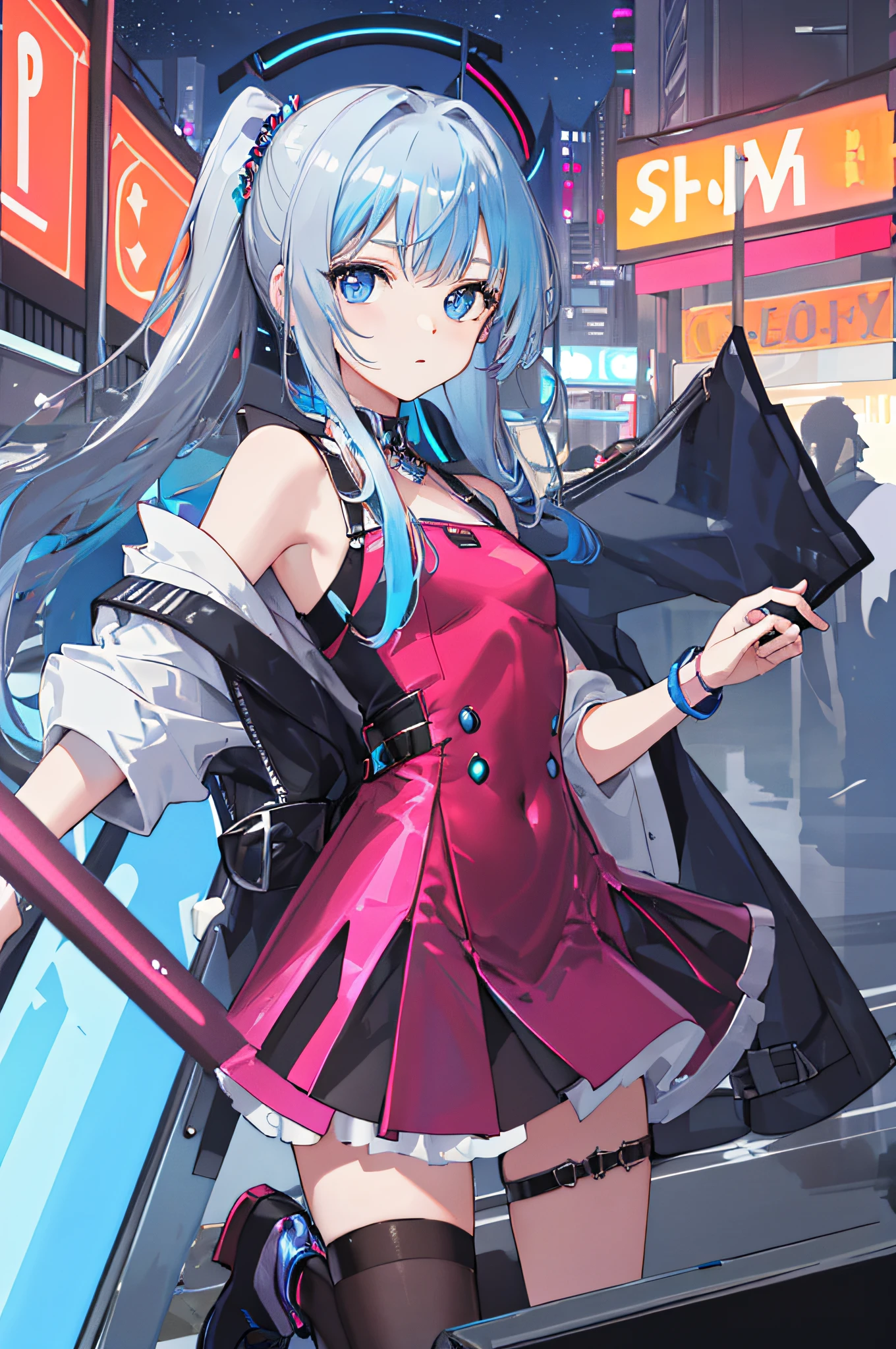 ((masterpiece:1.4, best quality))++, (ultra detailed)+,(best quality,ultra-detailed,vivid color,colorful, dynamic angle, high contrast:1.2),upper body,
(two-tone metallic red color short tight party dress:1.2),sexy,(short_skirt:1.3),high_heels,stockings,sleeveless,bare back,(futuristic cityscape,racing track, neon sign, search light, holograms:1.3),delicate face, delicate features,(from below:0.5),
fashionable, vibrant, outfit, posing, front, colorful, dynamic, background, elements, confident, expression, statement, accessory, majestic, coiled, around, scene,cover, bold, attention-grabbing,stylish, font, catchy, striking, modern, trendy, focus, fashion,
cute 1girl,(solo:1.3),(flat chest:1.2),double ponytail,(jewel-like blue eyes:1.3), (shiny hair, silver long hair:1.3), haneoka_meimi,